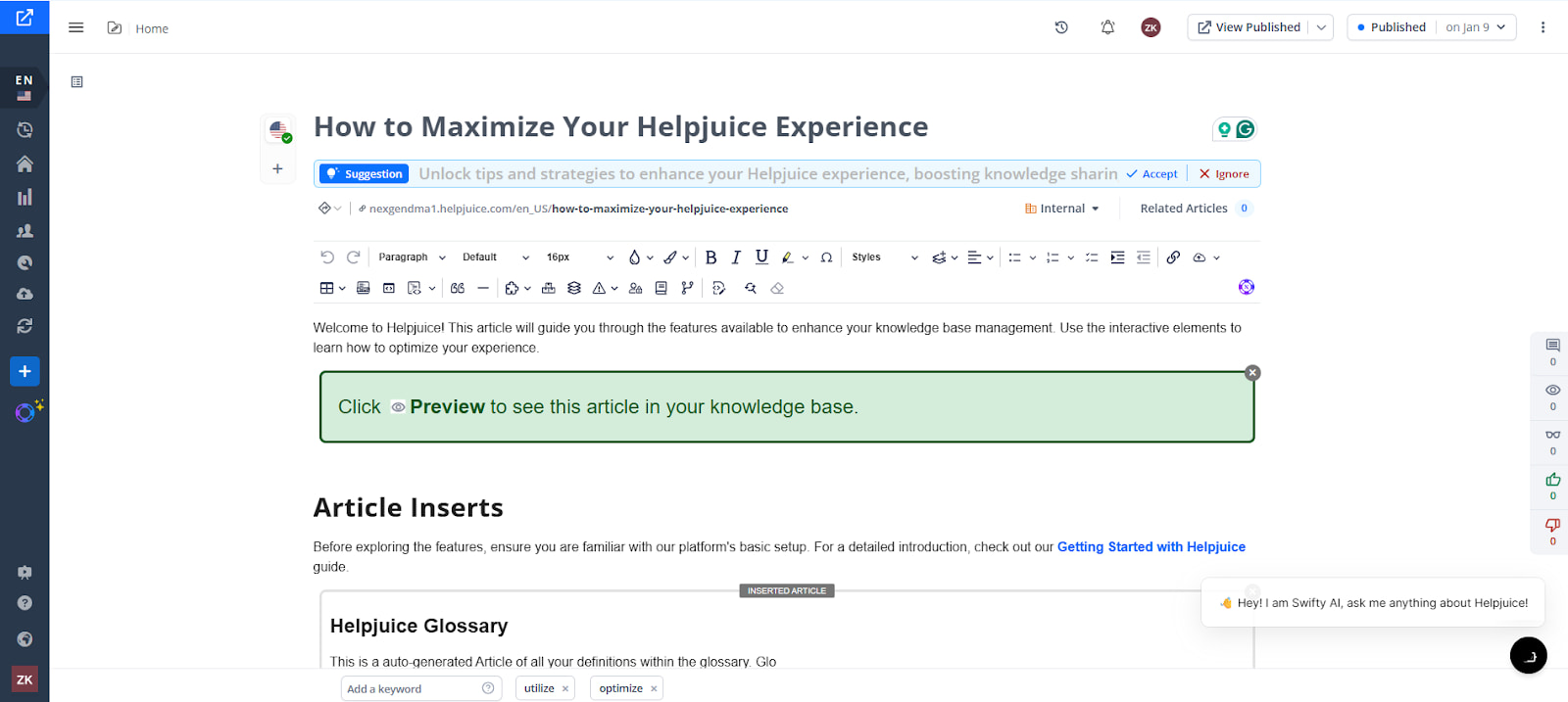 Article editing interface for 'How to Maximize Your Helpjuice Experience' with a green notification.