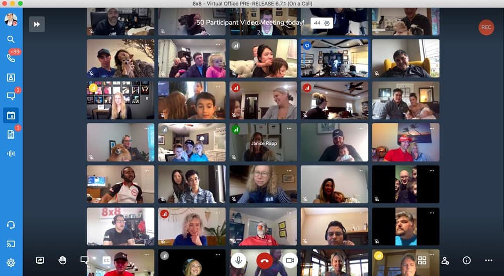 A desktop screen displays a large grid of multiple video call participants.