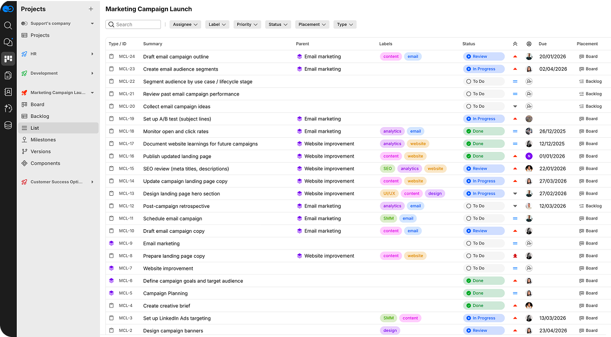 A detailed list view for a 'Marketing Campaign Launch' project, showing various marketing tasks.