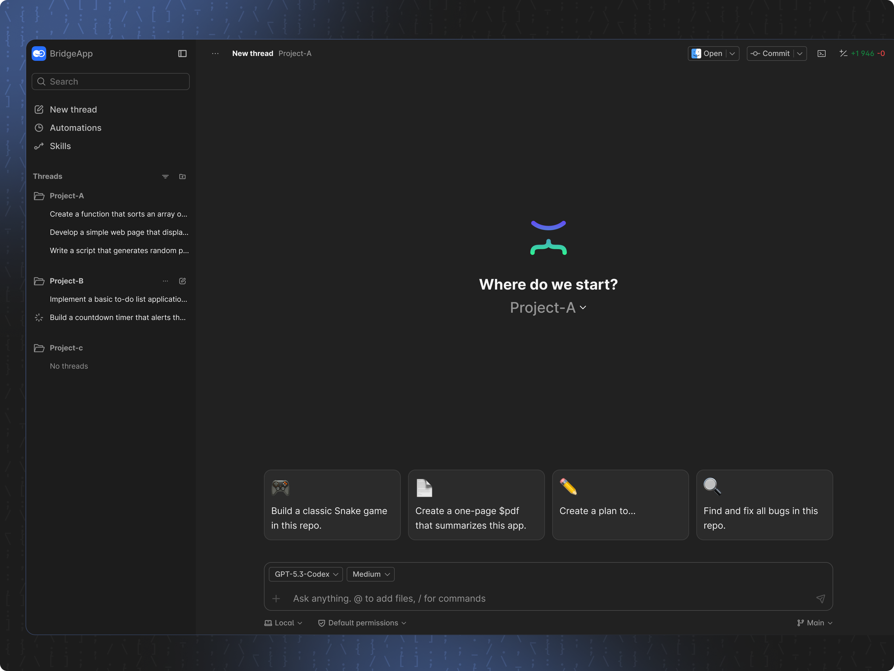 Dark mode project creation interface with a prompt asking 'Where do we start?'