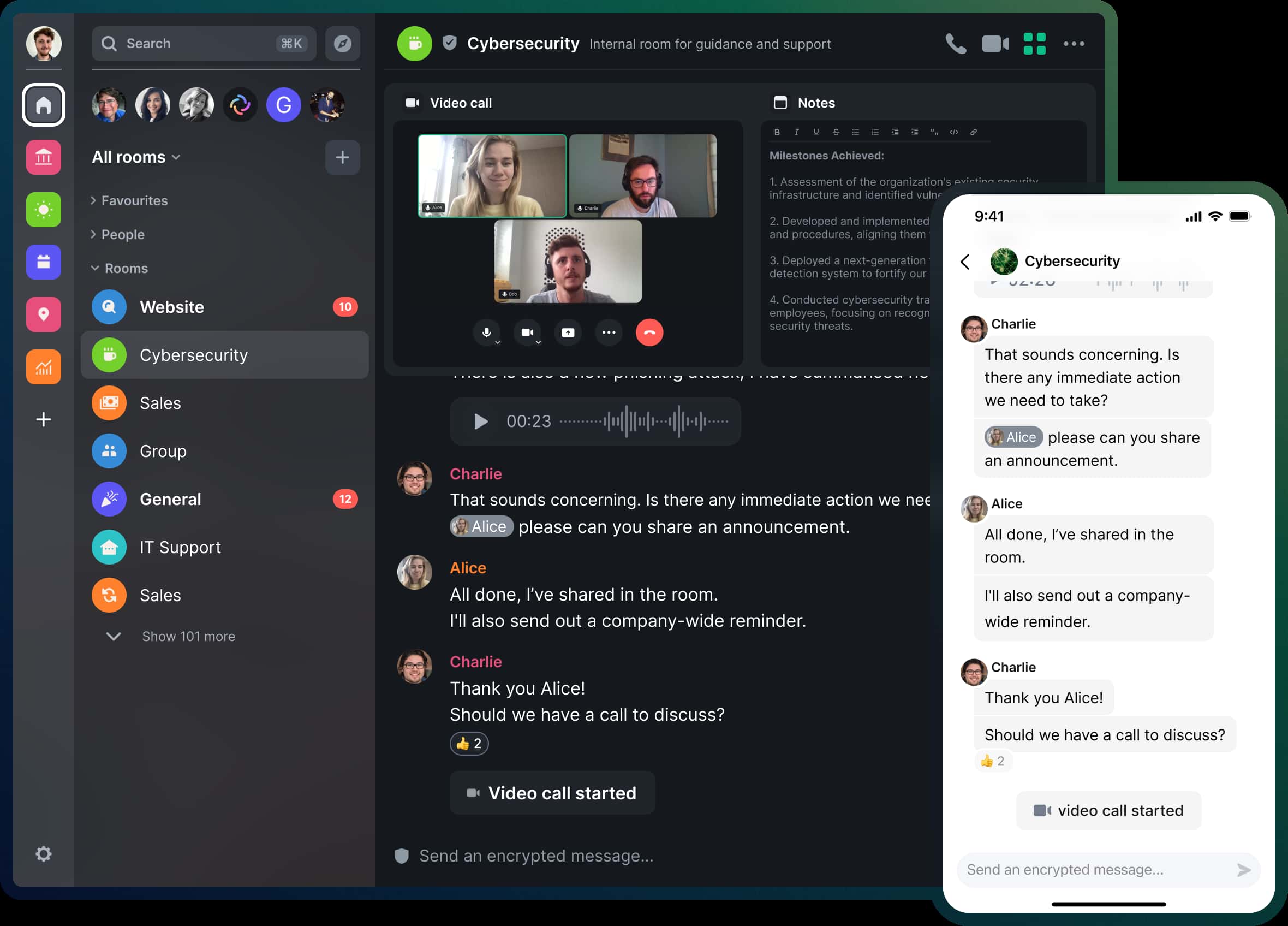 Desktop and mobile apps show a dark-themed chat interface with an active video call.
