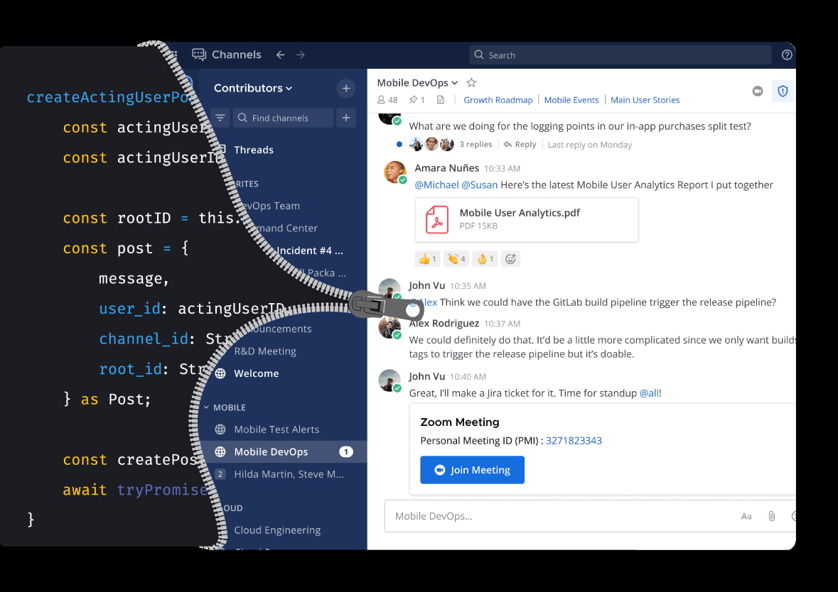 A zipper splits a code editor from a communication app interface.
