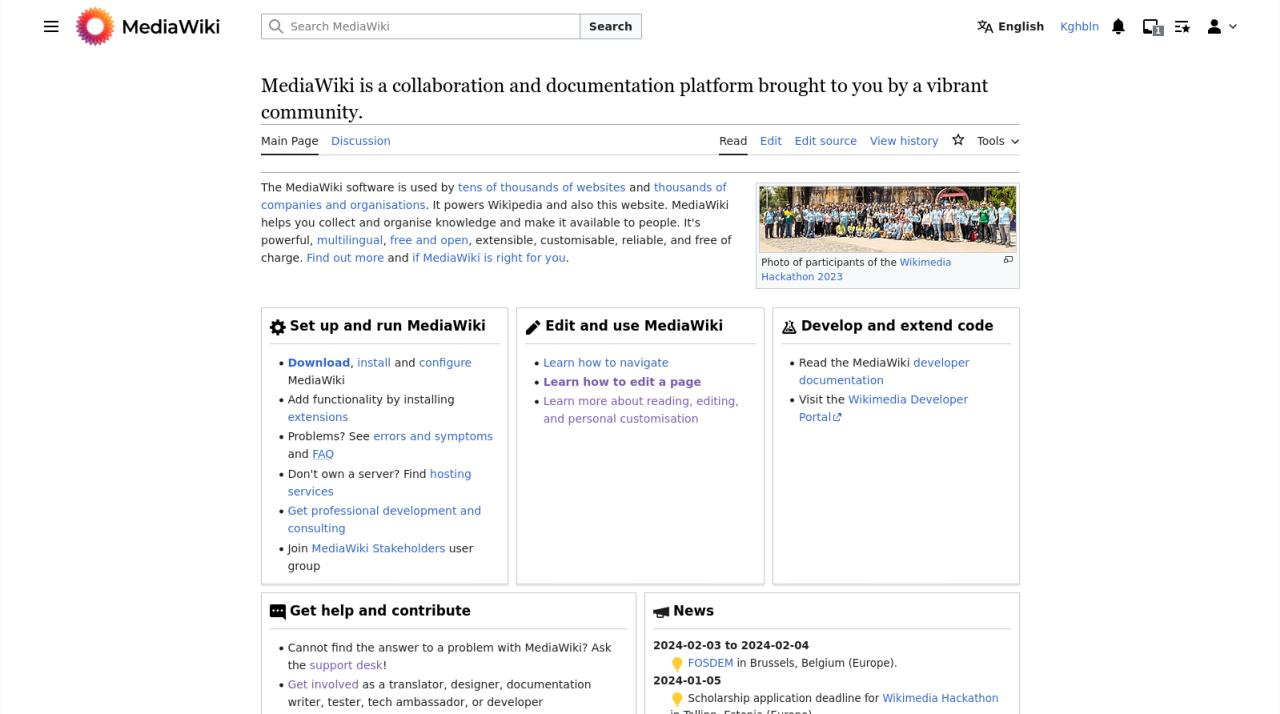 Домашняя страница платформы MediaWiki, отображающая описательный текст и параметры навигации по контенту.