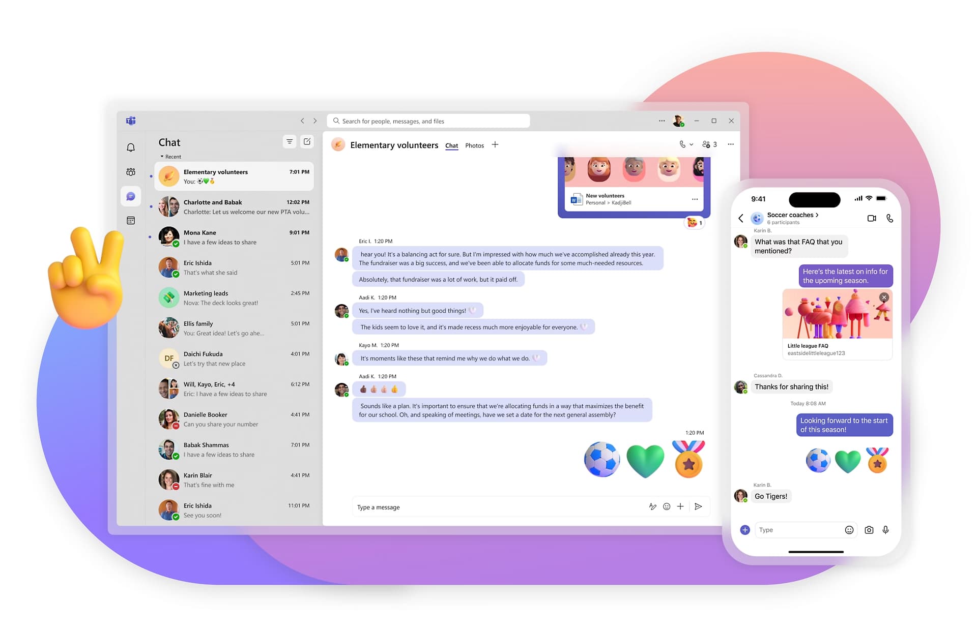 Desktop and mobile screens showcasing a chat application with message threads and a hand peace emoji.