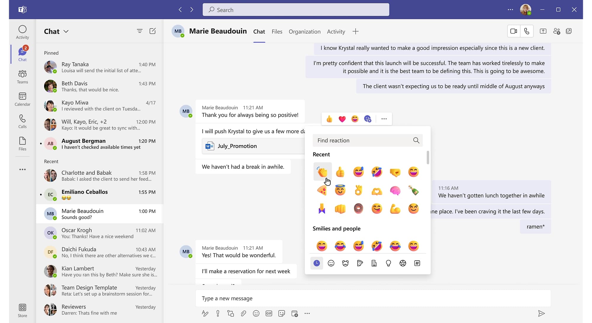 Microsoft Teams chat interface with an emoji picker open showing different reactions.