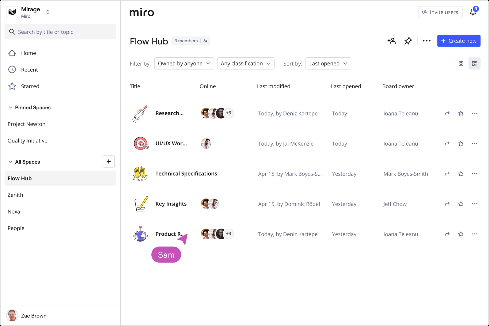 Miro Hub interface with a list of items and a cursor hovering over a 'Start' button.