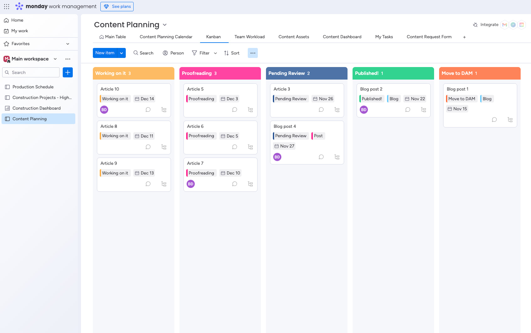 Tableau de planification de contenu avec des colonnes pour 'Brainstorming', 'Écriture', 'Révision' et différents sprints.