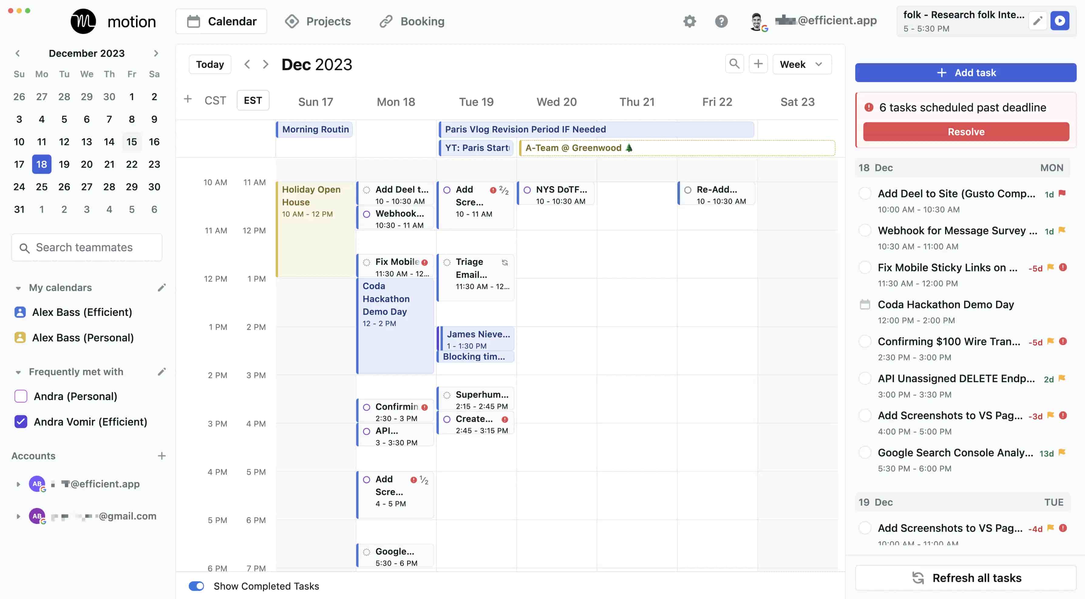 Mailbox software interface showing a calendar with tasks and project deadlines for December.