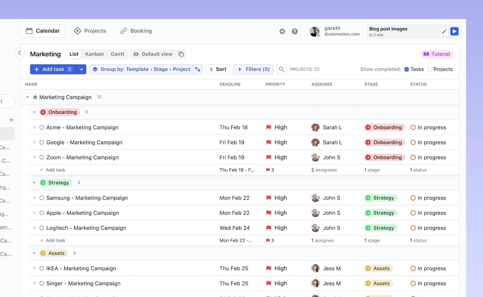 Project management interface displaying a detailed marketing campaign with tasks, dates, and assignees.