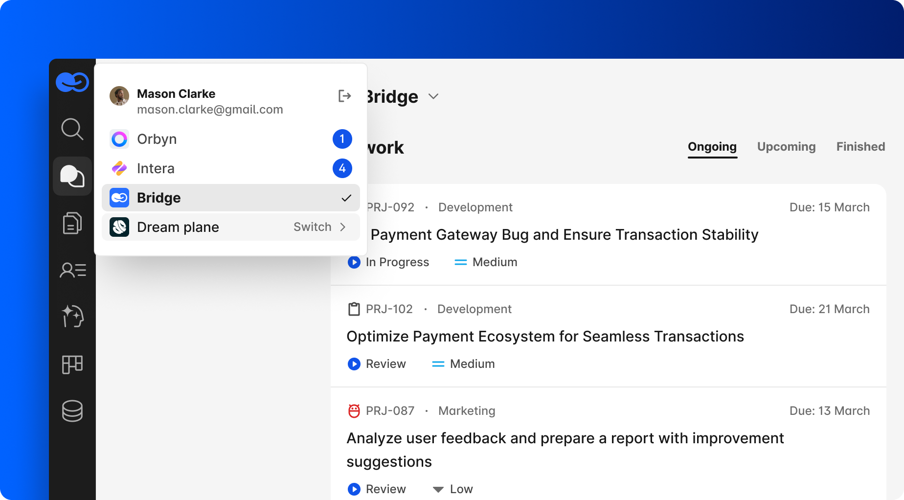 Project management interface showing a dropdown menu selecting the 