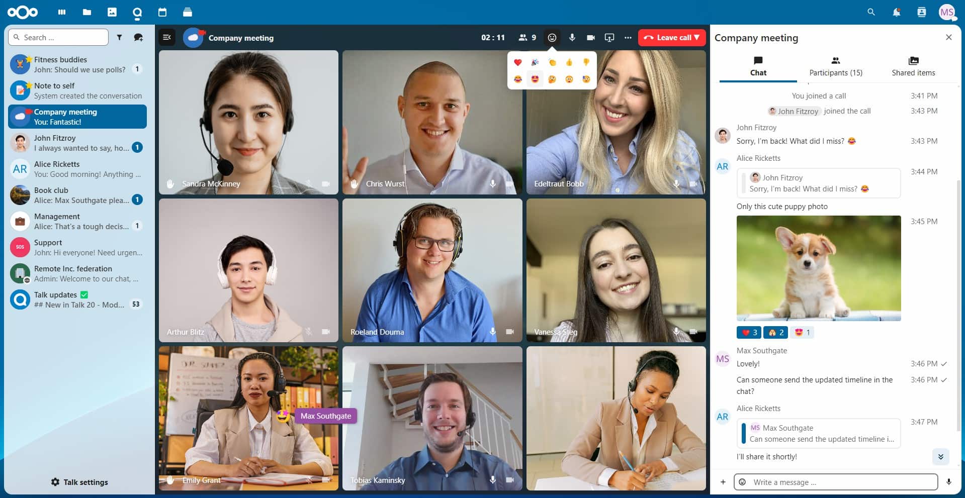 A video conference screen displays nine participants, one of whom is a small puppy.