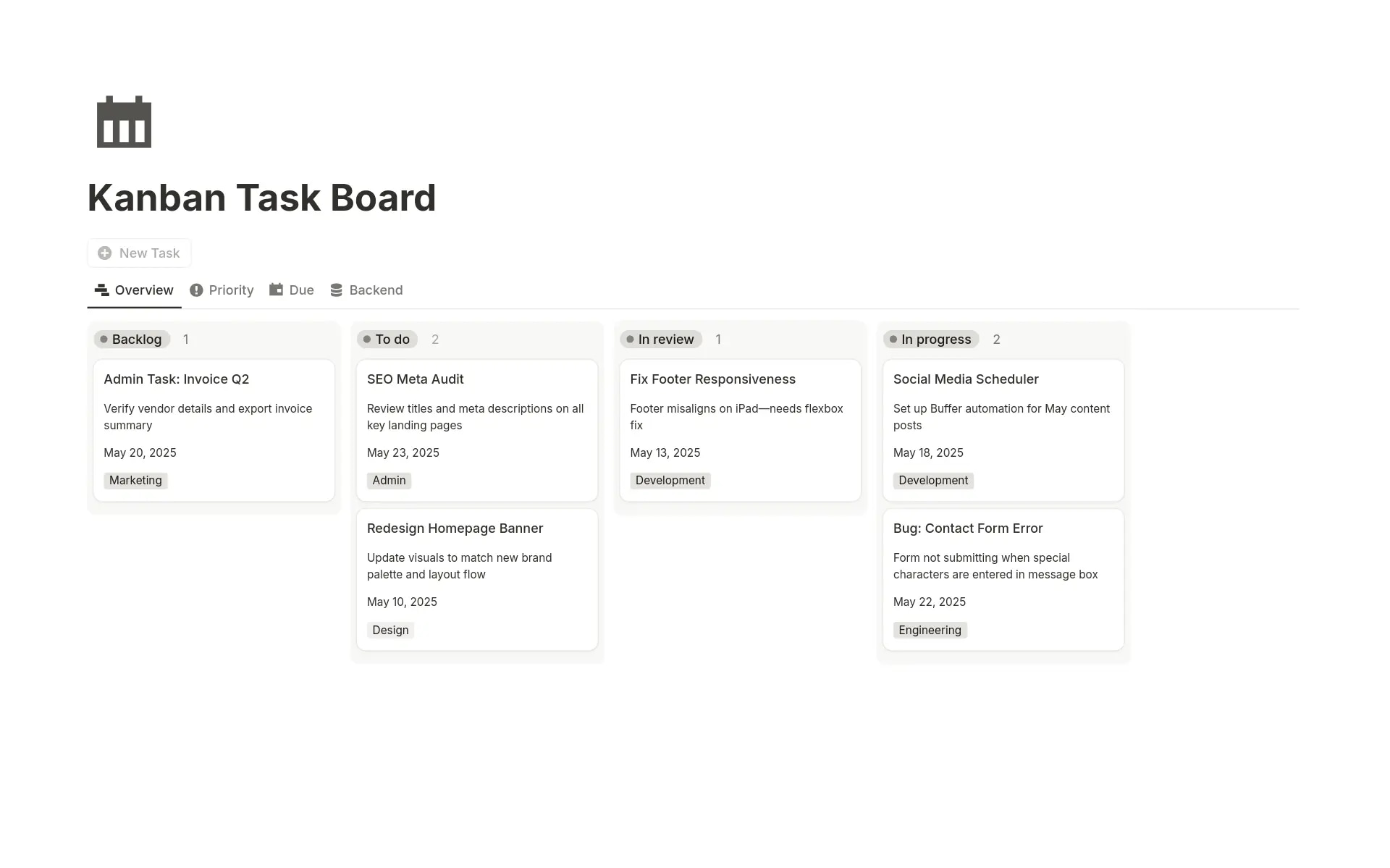 Tableau de tâches Kanban minimaliste intitulé 'Tableau de Tâches Kanban' avec des tâches regroupées par statut.