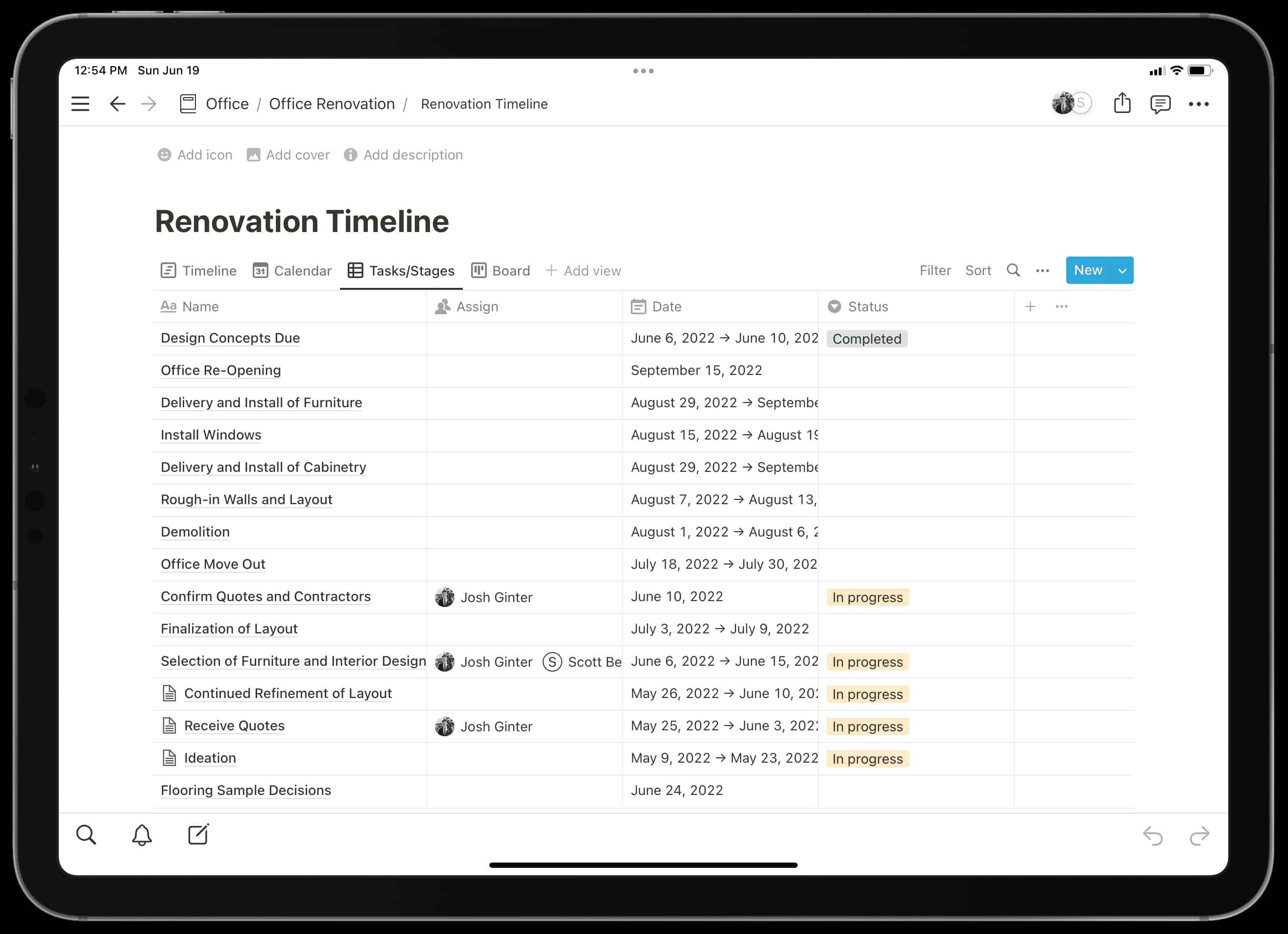 A tablet showing a 'Renovation Timeline' document with a list of tasks and their corresponding dates.