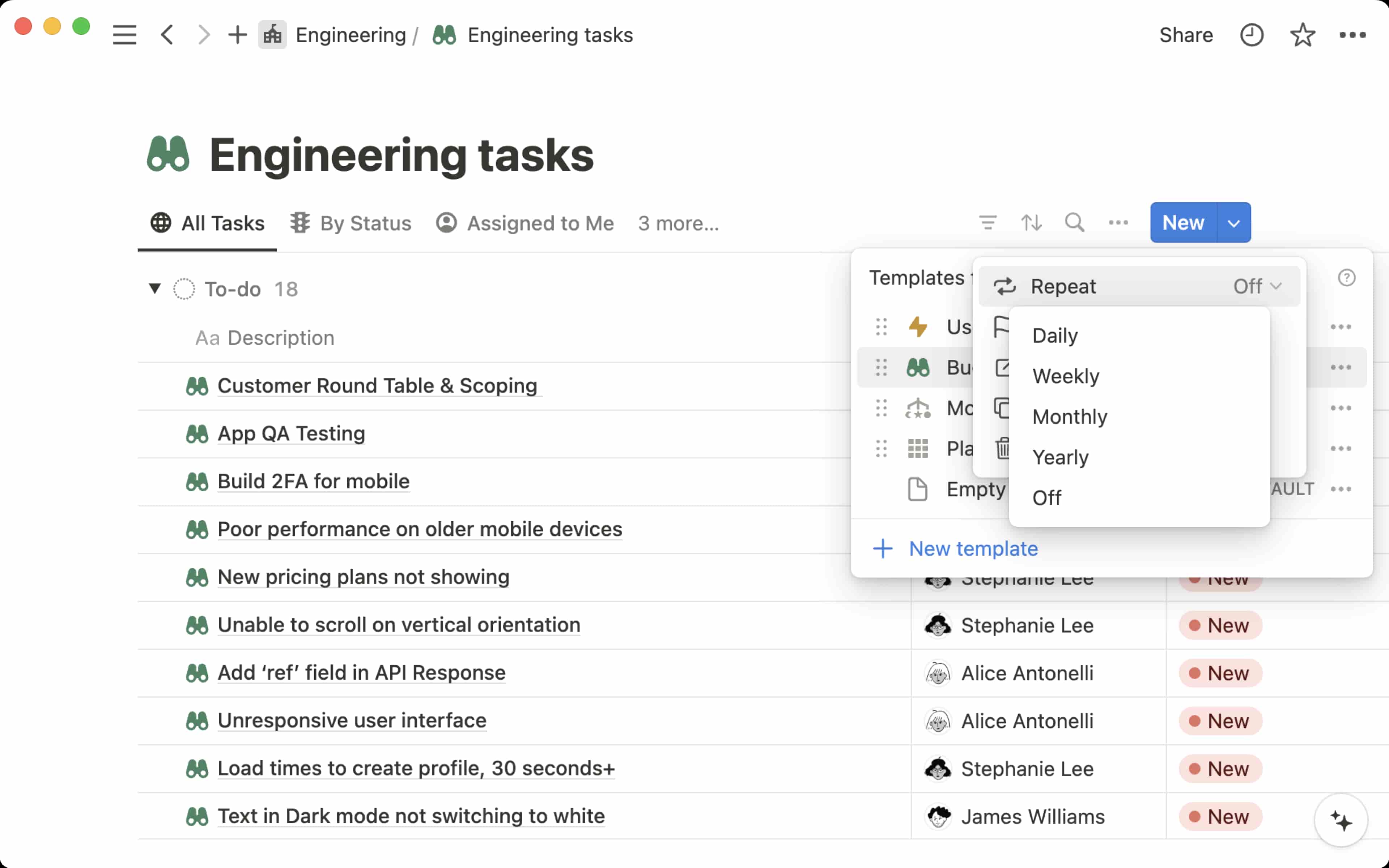 Task management interface showing an 'Engineering tasks' list with a 'Templates' dropdown menu.