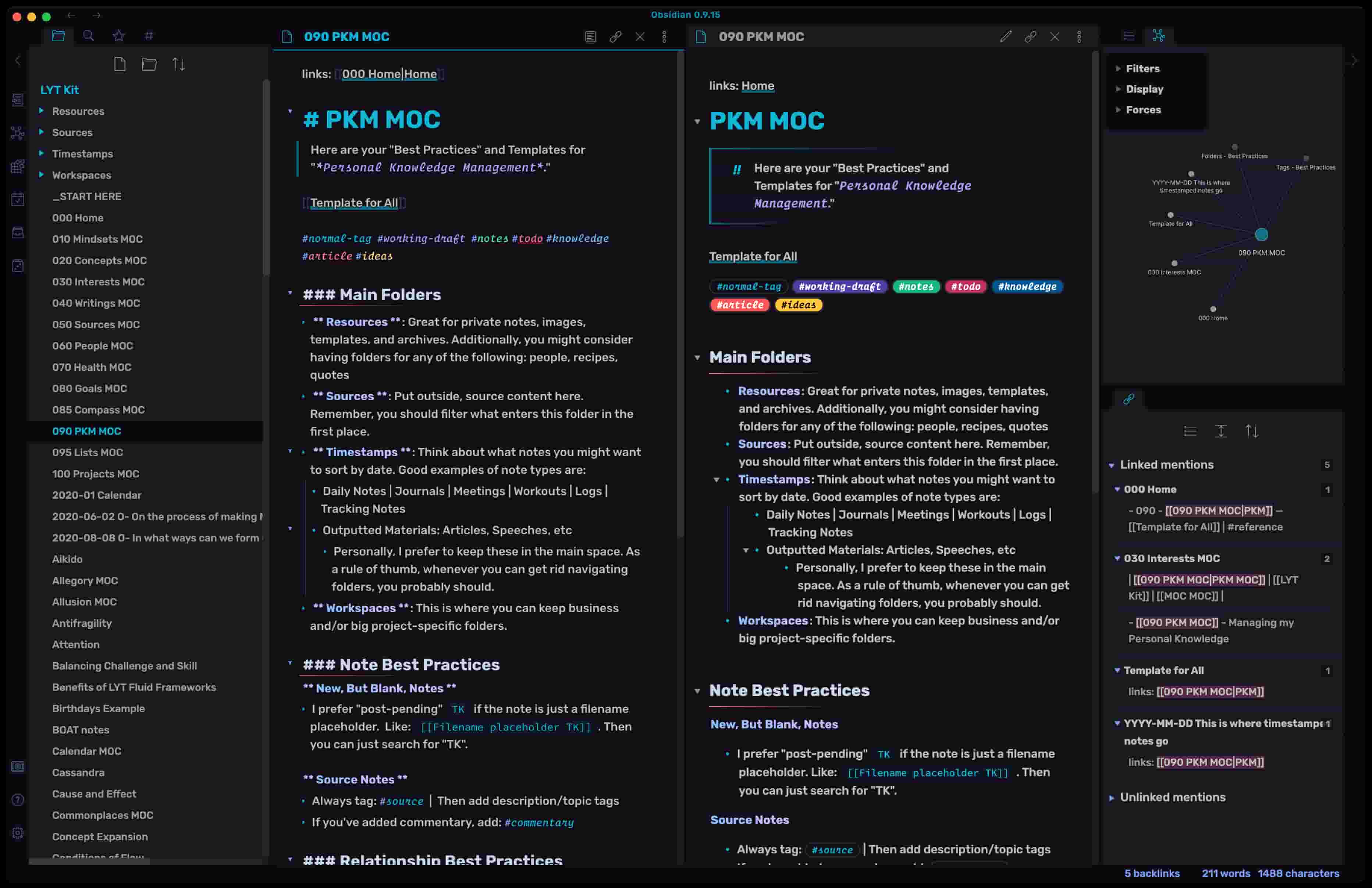 Dark mode screenshot of 'PKM MDC' content with sections for data, principles, and best practices.