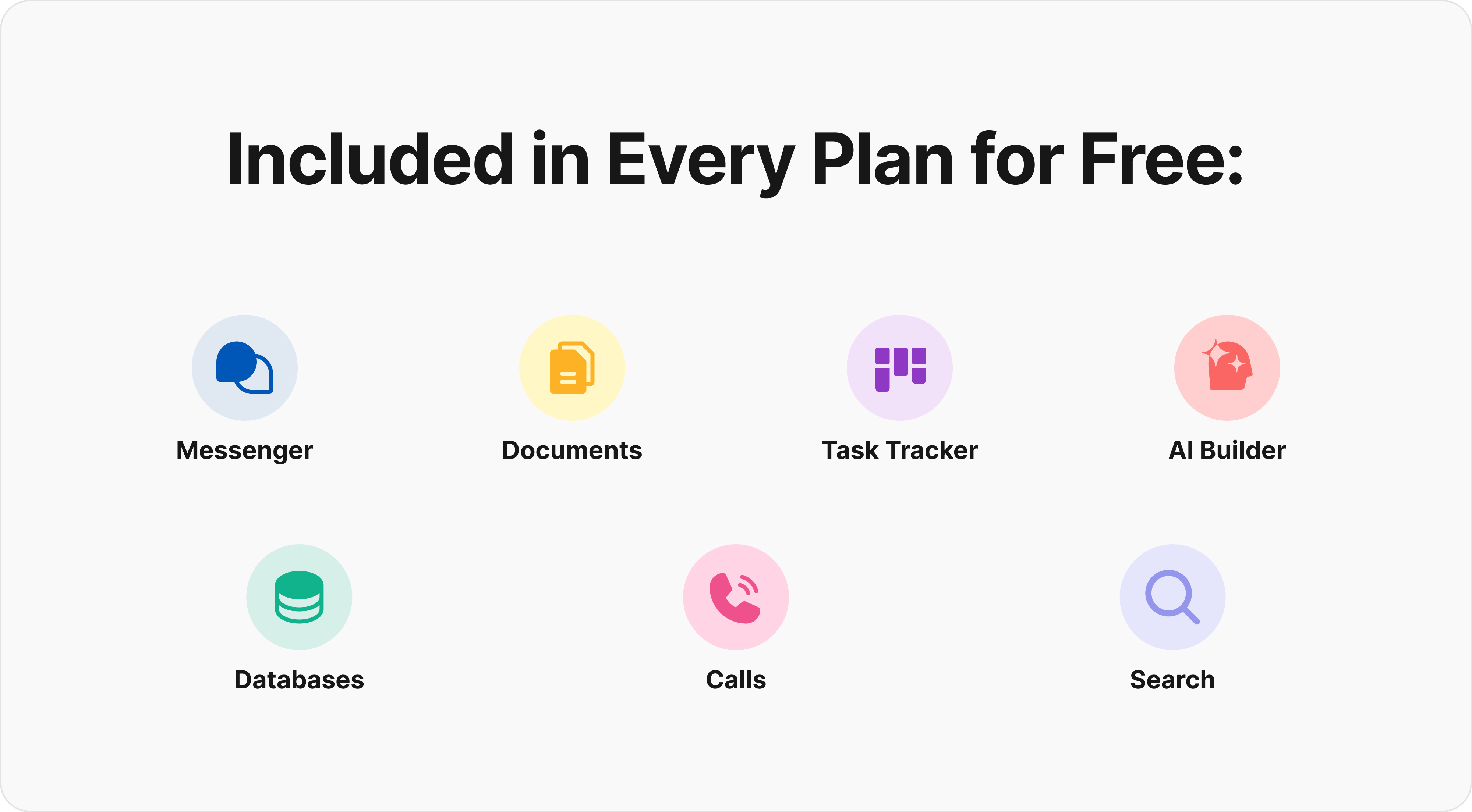 Included free in every plan: Messenger, Documents, Task Tracker, AI Builder, Databases, Calls, Search.