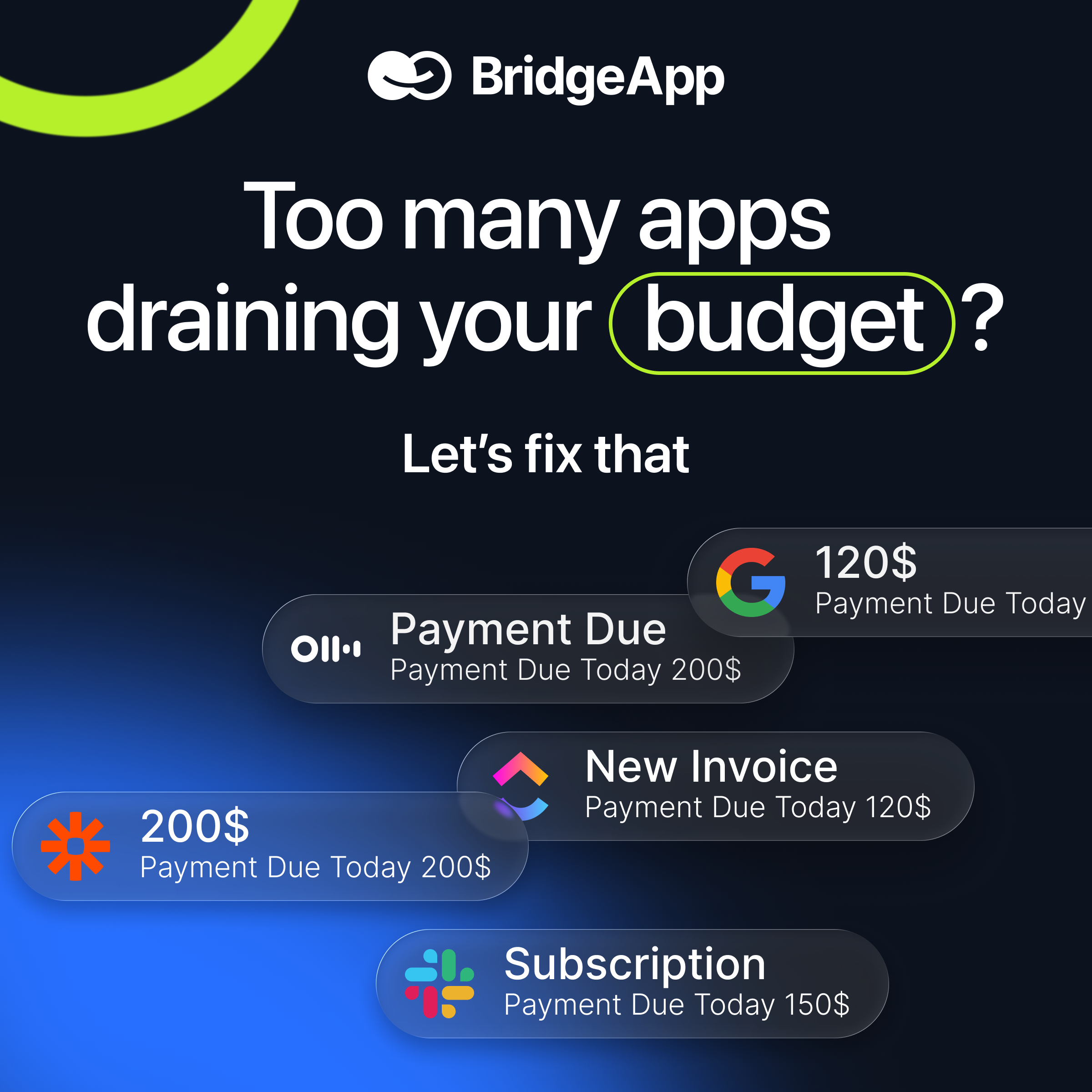 BridgeApp advertisement addressing too many apps draining your budget with payment alerts.