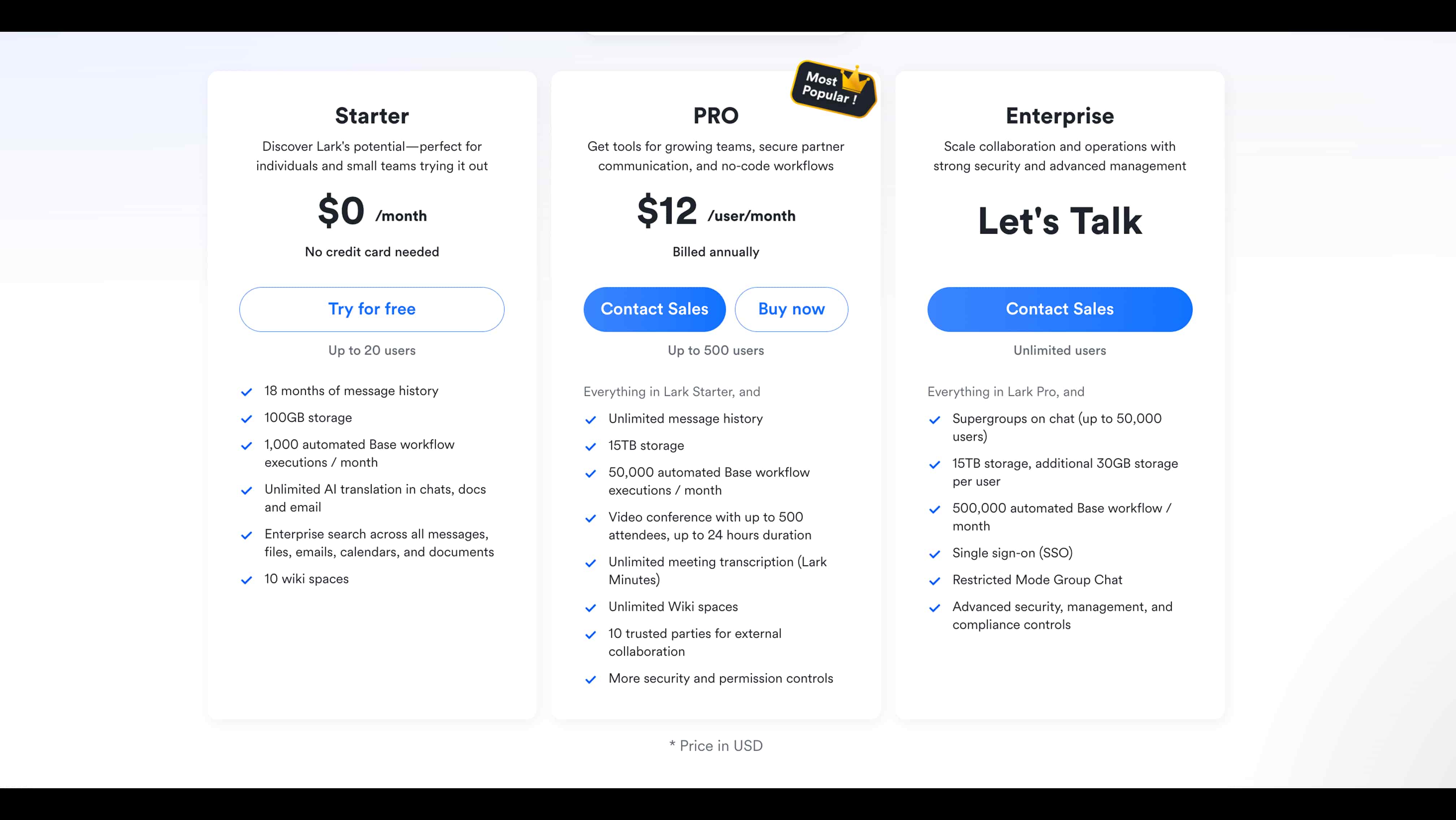 Tabla de precios que muestra los planes Starter, Pro ($12/mes) y Enterprise con sus características.