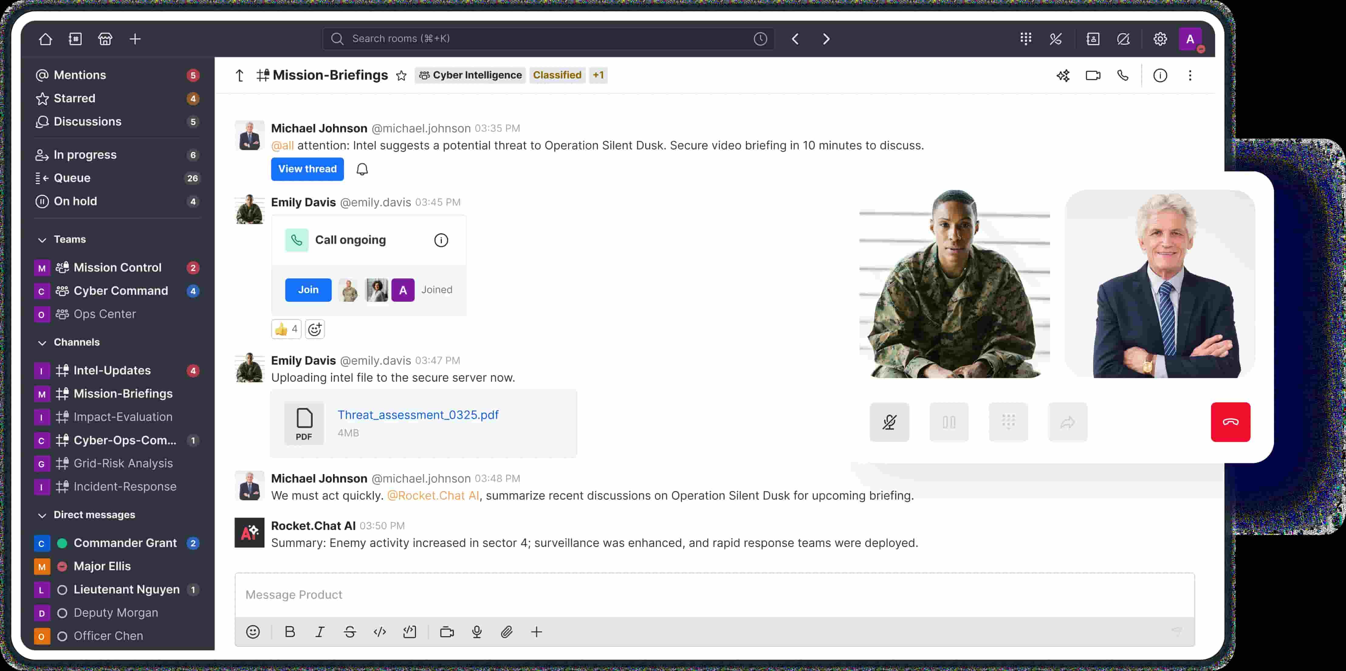 Interfaz de la aplicación de chat en un portátil con conversaciones de usuario e imágenes de perfil superpuestas.