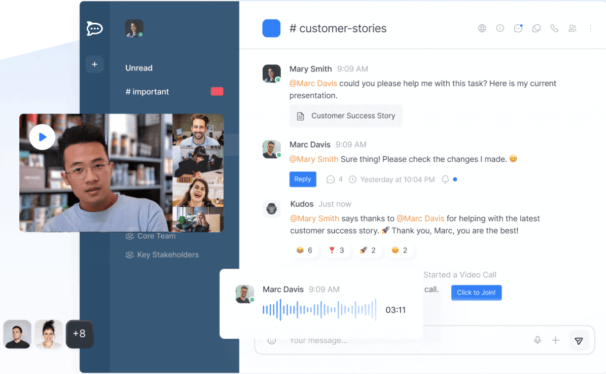 A chat application showing a video call, a shared document, and a voice message recording.