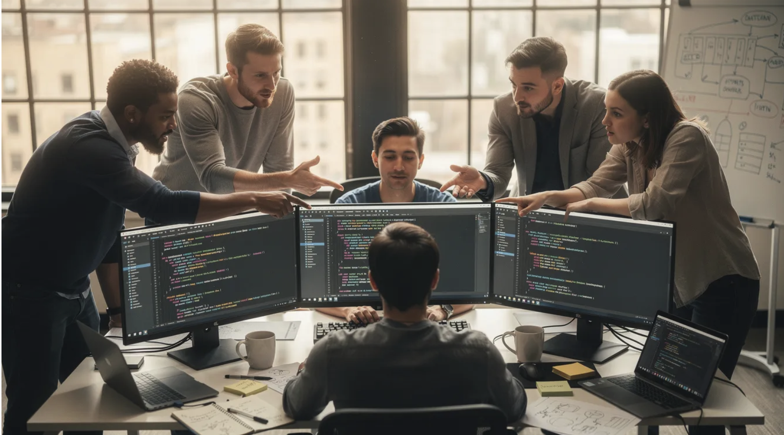 Uma equipe de tecnologia diversificada colabora intensamente em torno de três monitores de computador exibindo código.