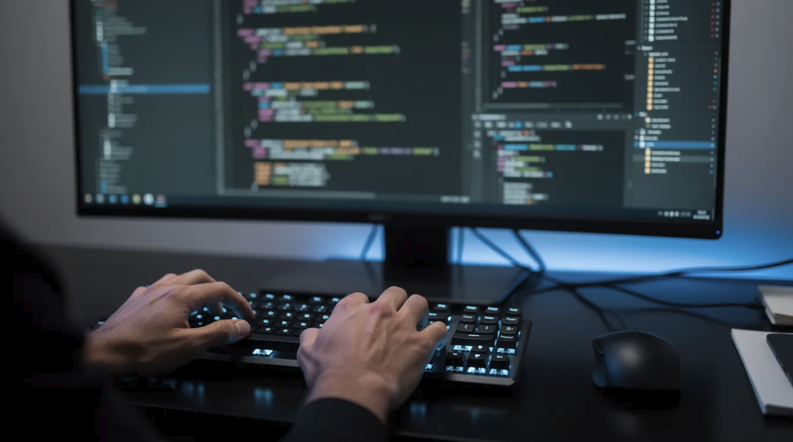 Mãos digitando em um teclado retroiluminado com código colorido exibido na tela de um computador.