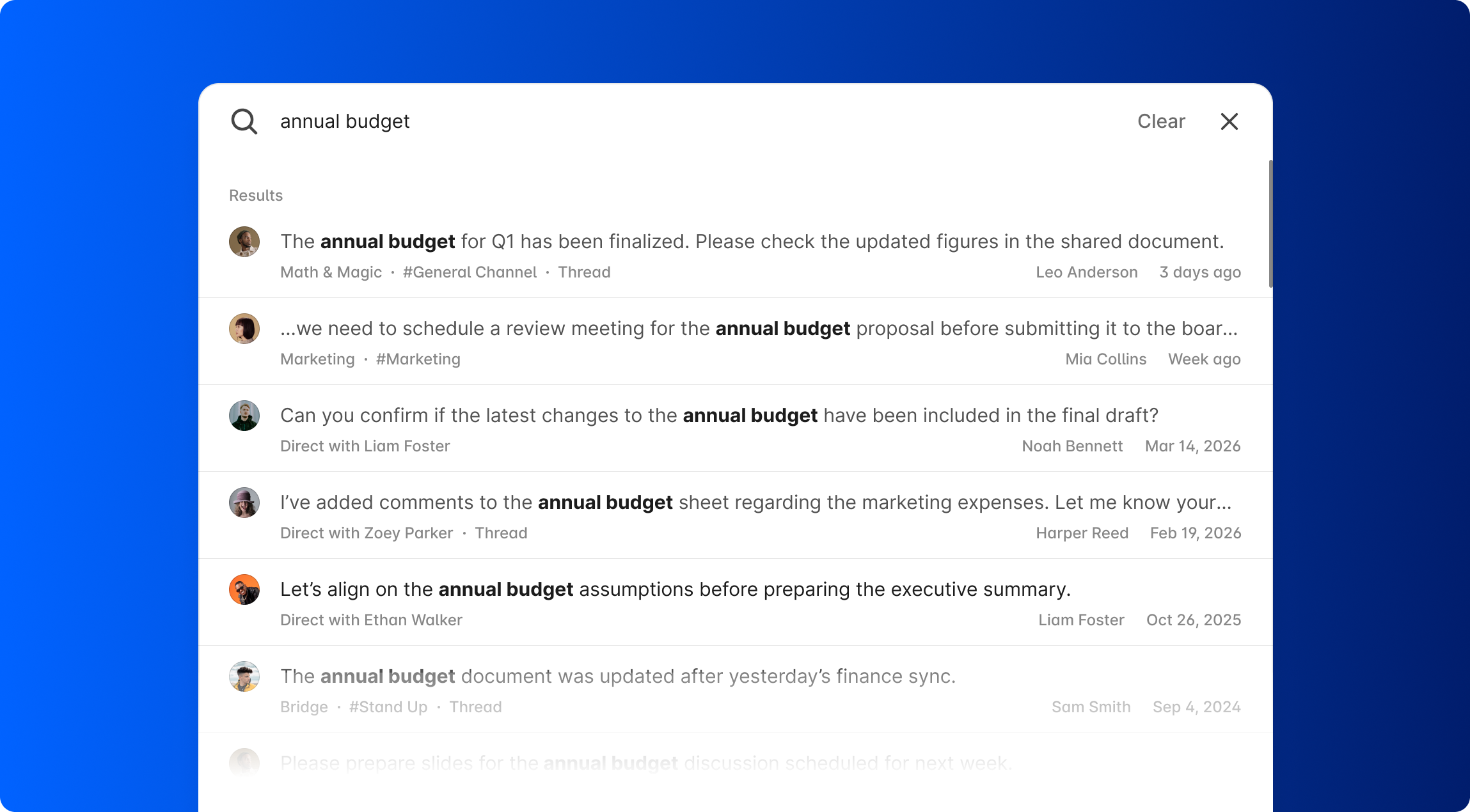 A screen displaying search results for 'annual budget' in a team communication application.