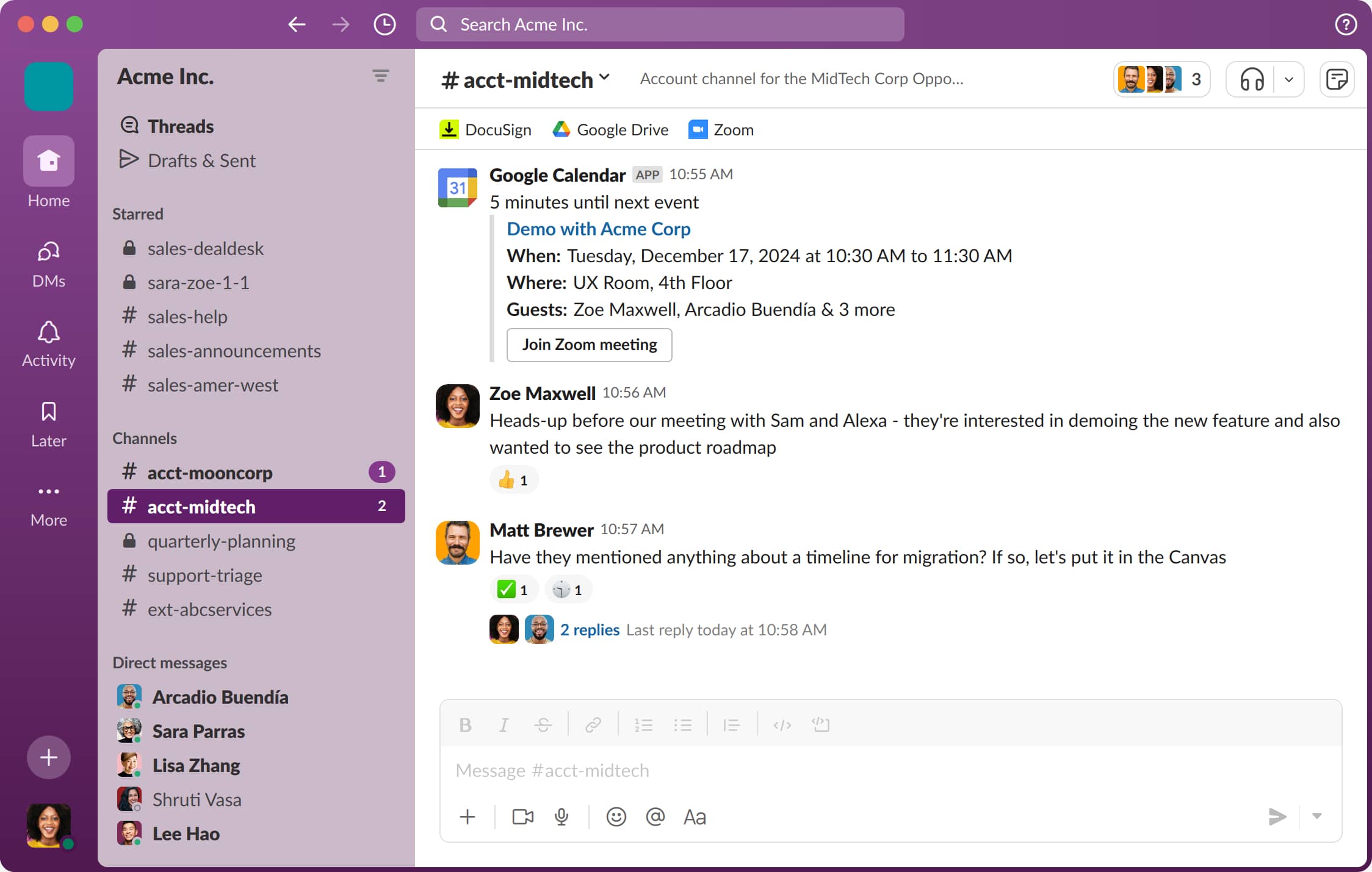 Interface Slack montrant les canaux, les messages directs et un chat avec une mise à jour de réunion Google Agenda.