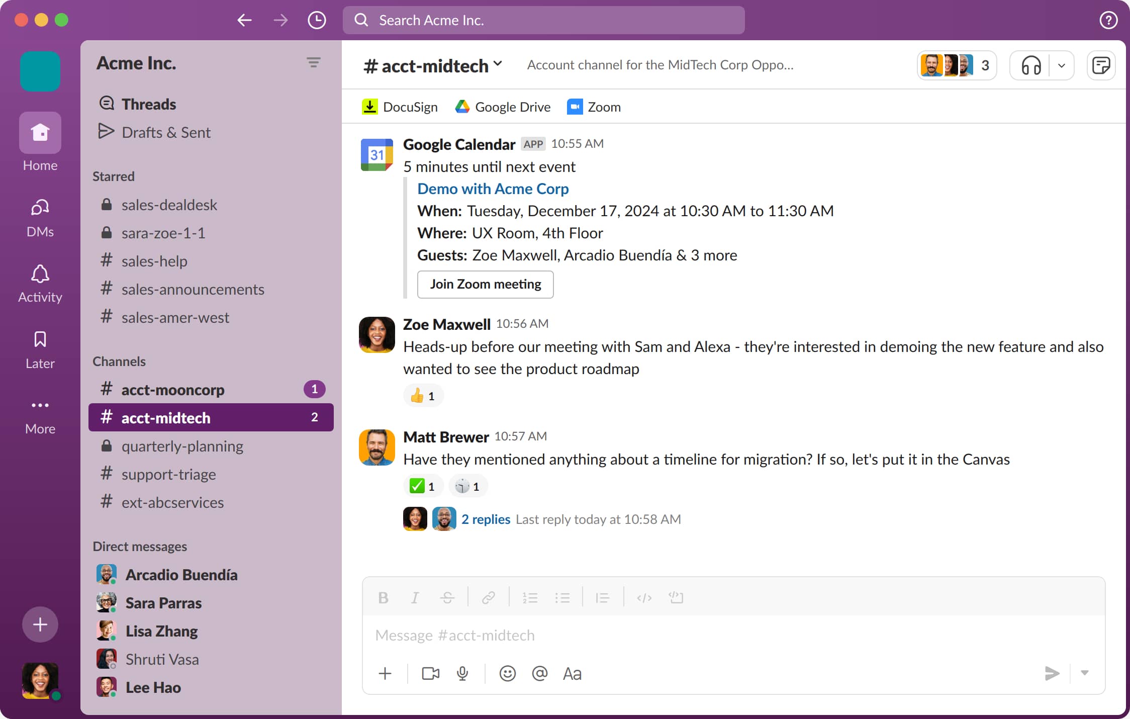 Slack interface in dark mode displaying a chat channel with messages and a calendar event.