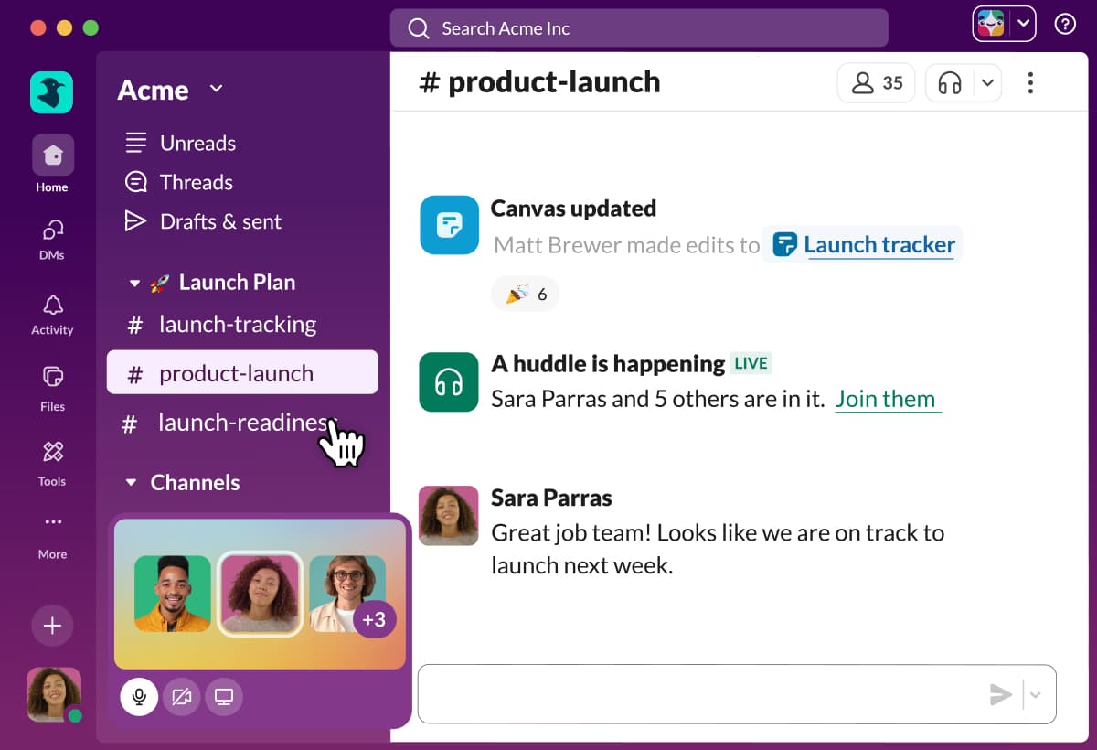 Slack desktop interface displaying channels, messages, and a 