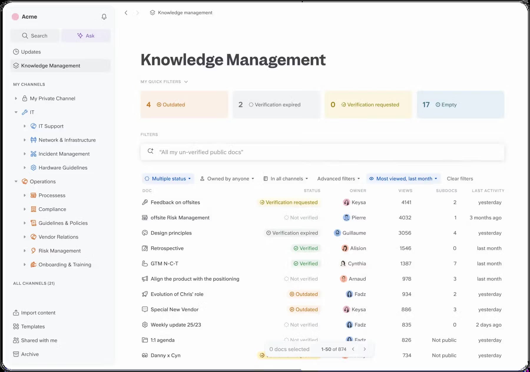 Screenshot of a 'Knowledge Management' dashboard with various categories and data listings.