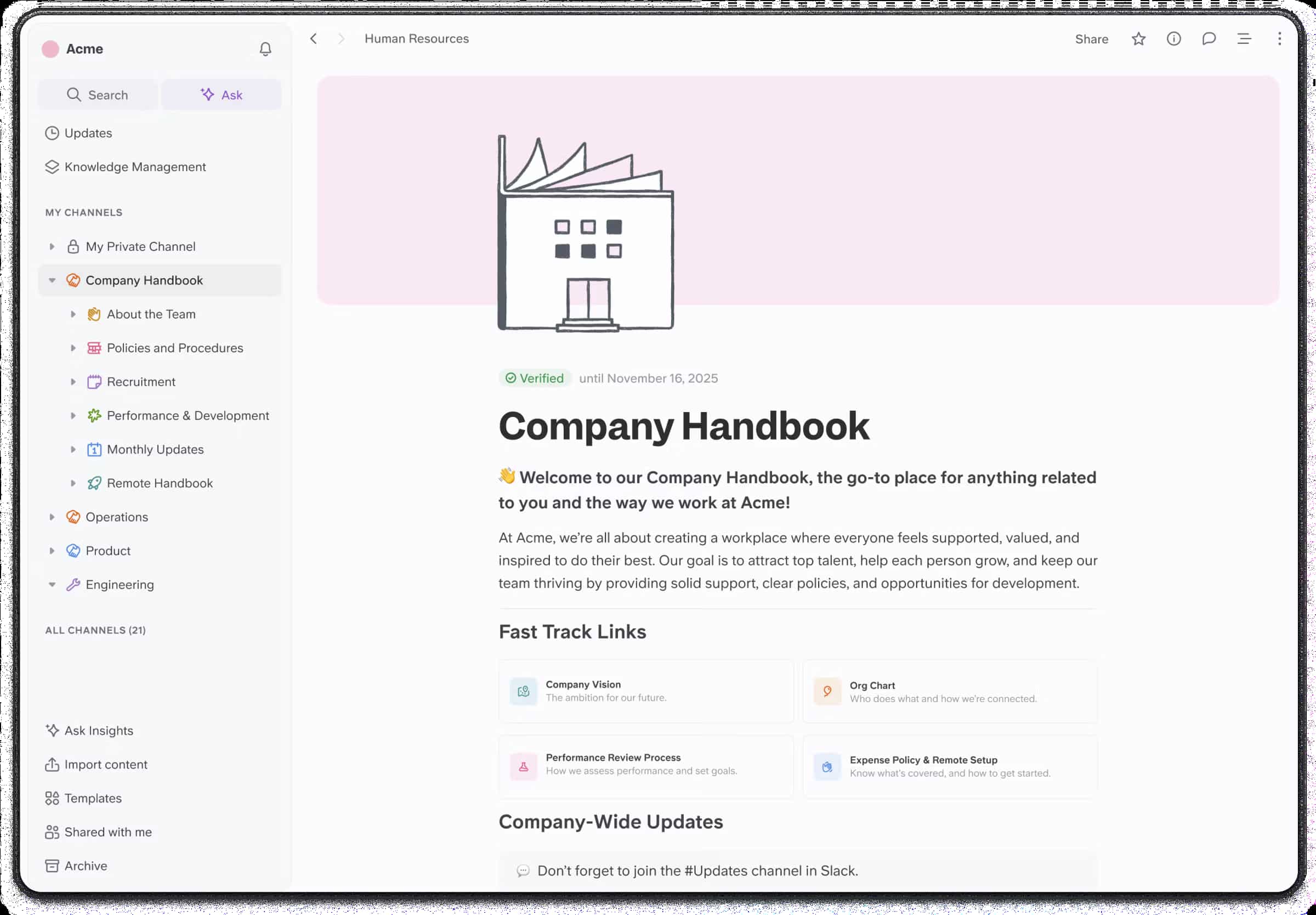 Software interface displaying a company handbook with a building icon and text.