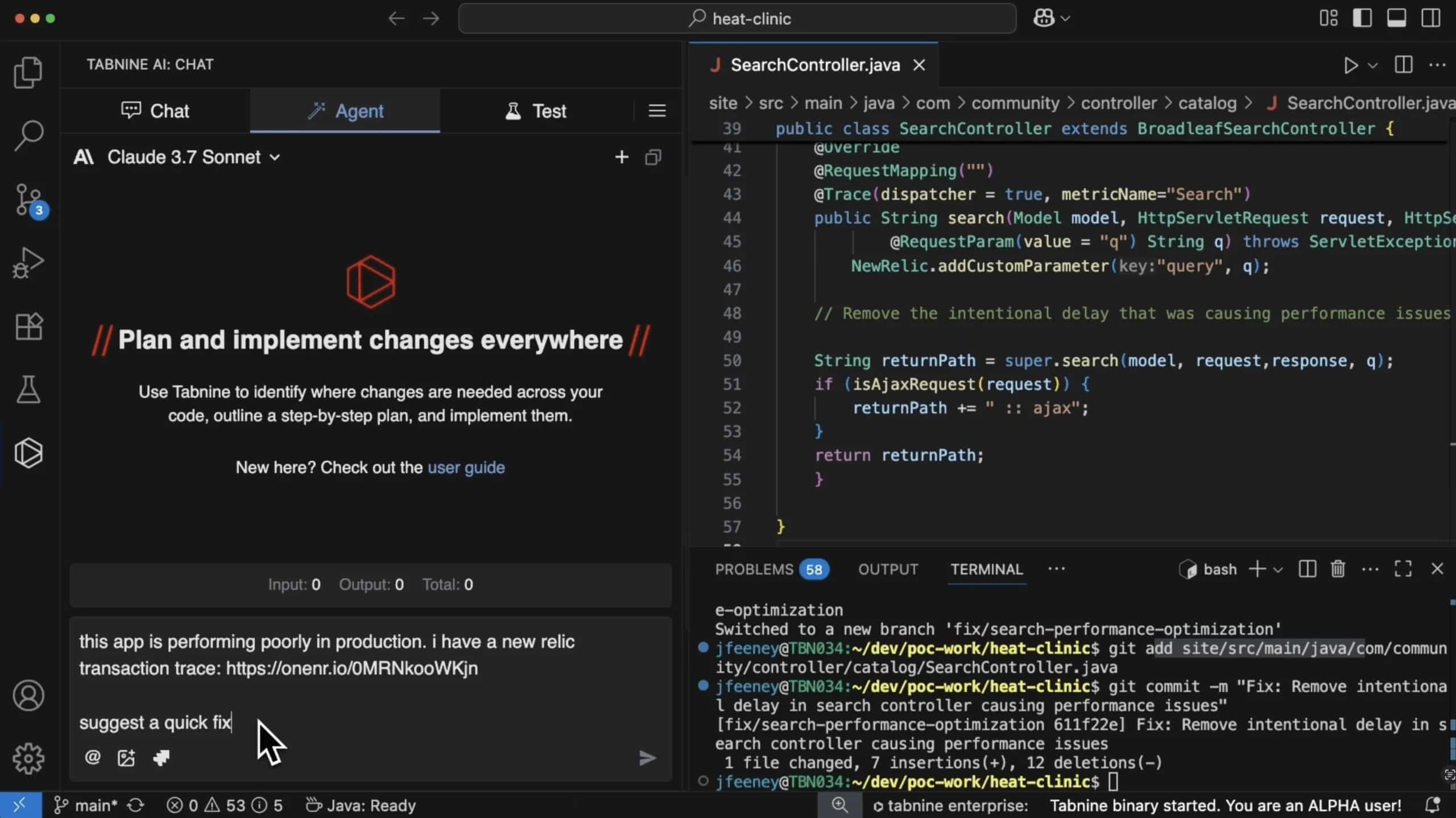 Visual Studio Code displaying an AI chat and code, with the text 'Plan and implement changes everywhere'.