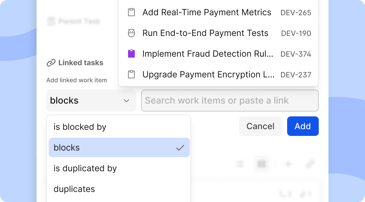 A dropdown menu shows options to link tasks, such as 'is blocked by' or 'is duplicated by'.