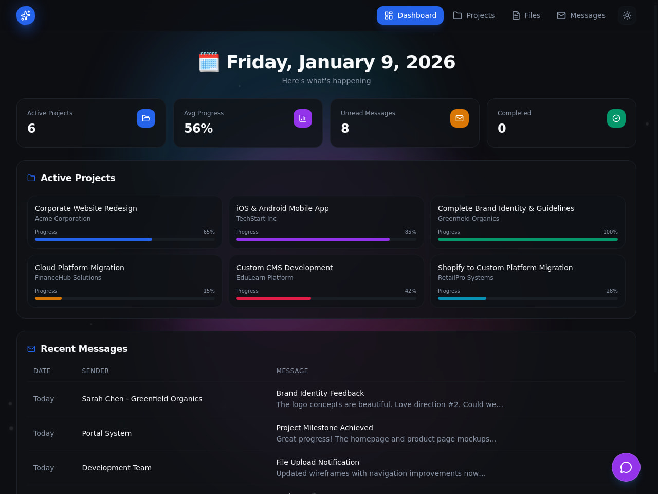 Dark mode project management dashboard showing active projects, progress percentages, and messages.
