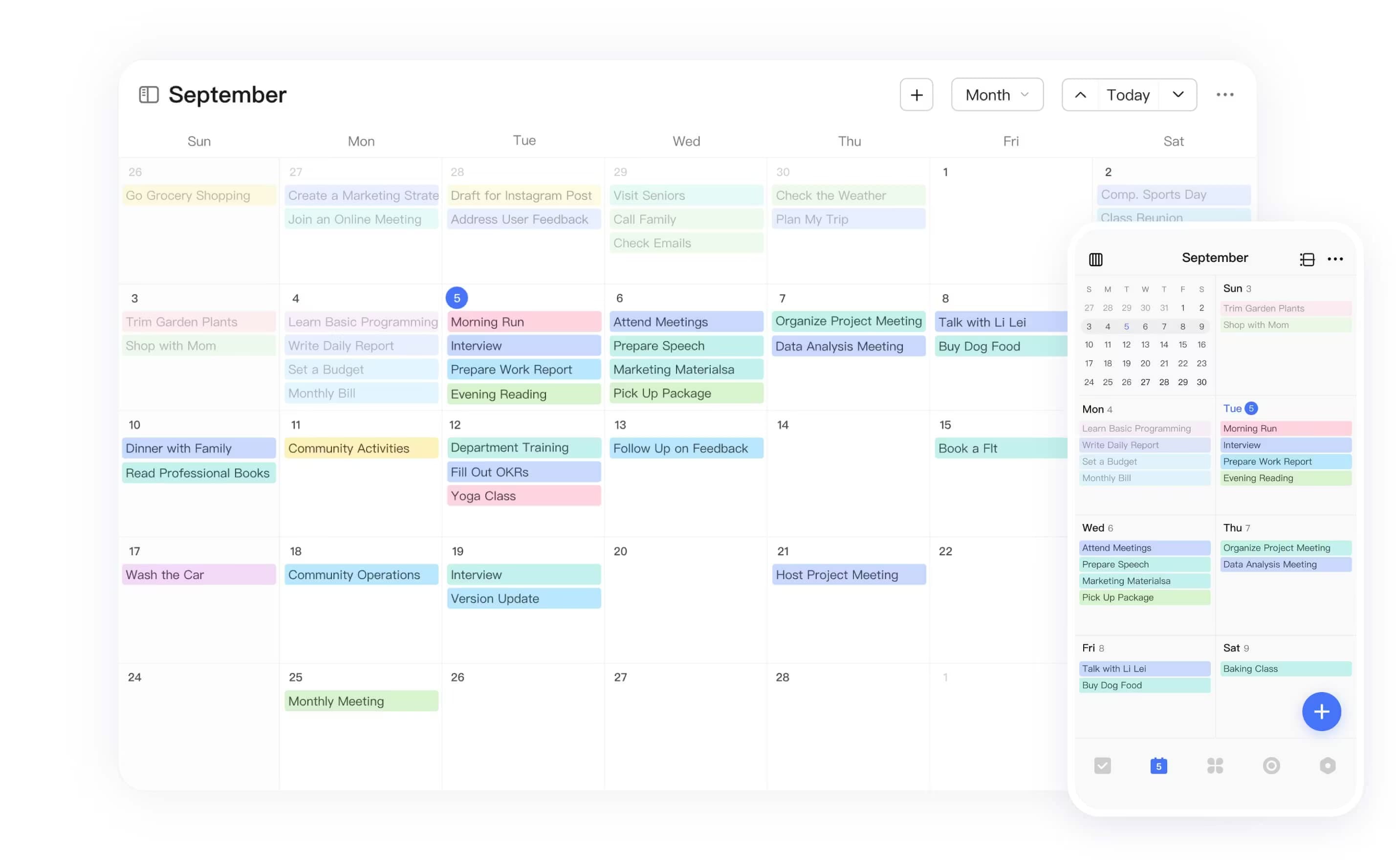 Digital calendar displaying events on a monthly view on desktop and mobile.
