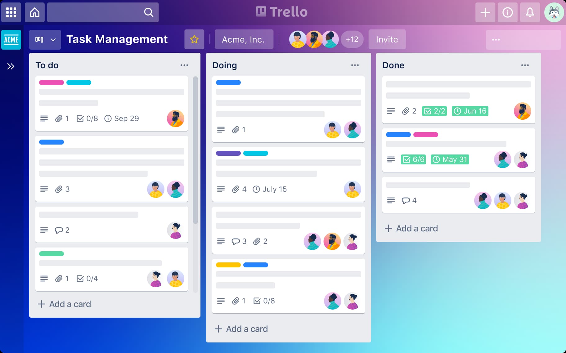 A colorful Kanban board organizes tasks into 