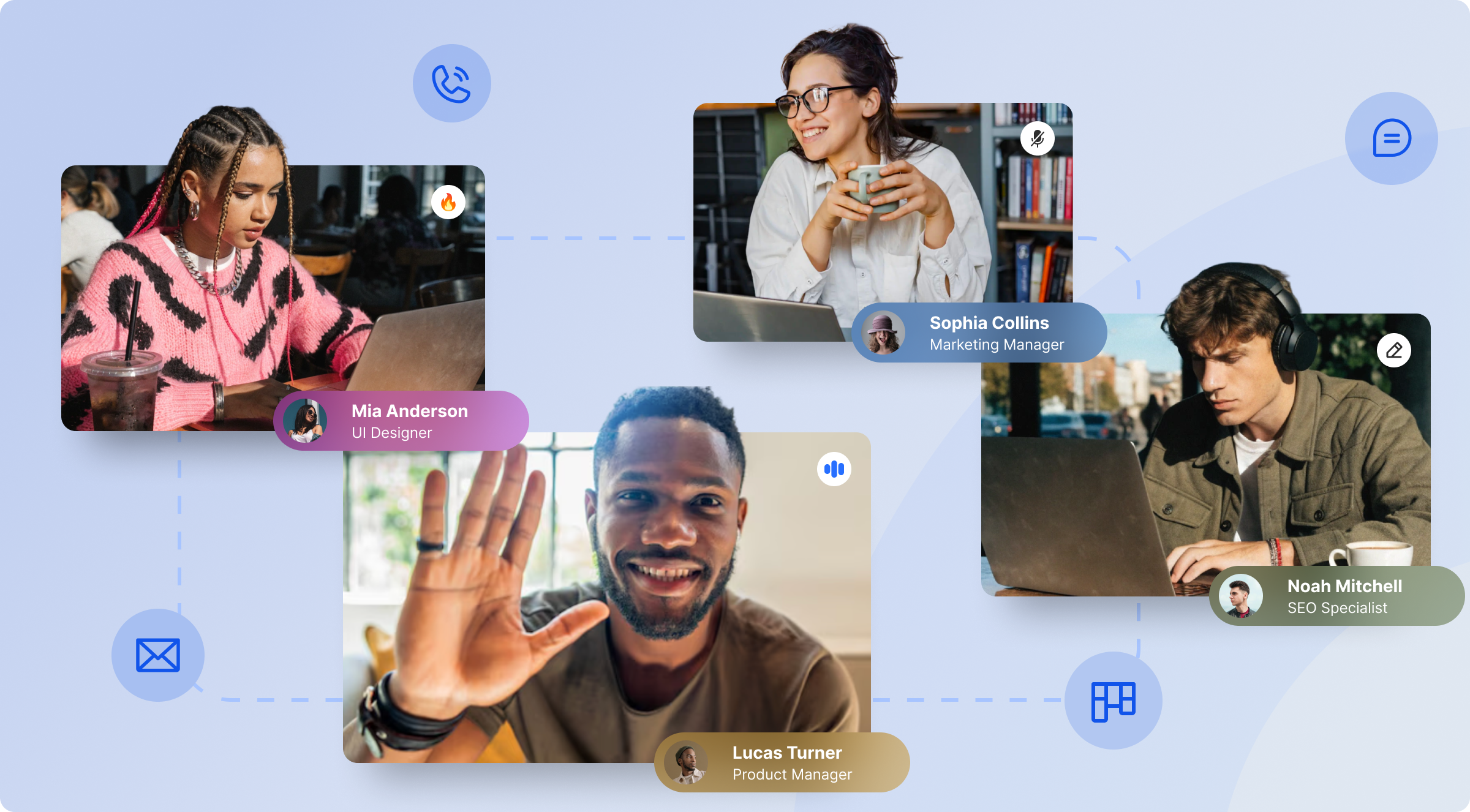 Разнообразные специалисты удаленно сотрудничают по видеосвязи, отображаемой как взаимосвязанные экраны.