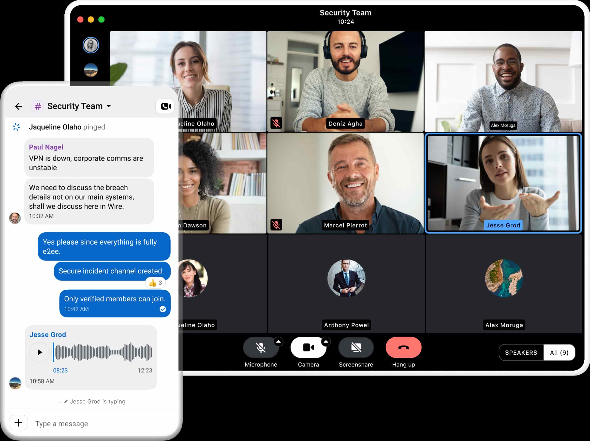 Ordenador portátil mostrando una videoconferencia de seis personas y un teléfono mostrando mensajes de chat.