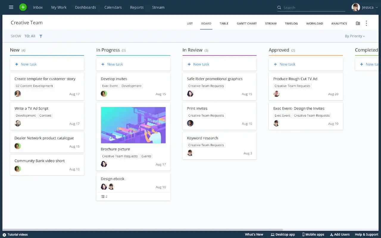Tableau de tâches pour une 'Équipe Créative' avec des colonnes comme 'Nouveau', 'En cours' et 'En révision'.