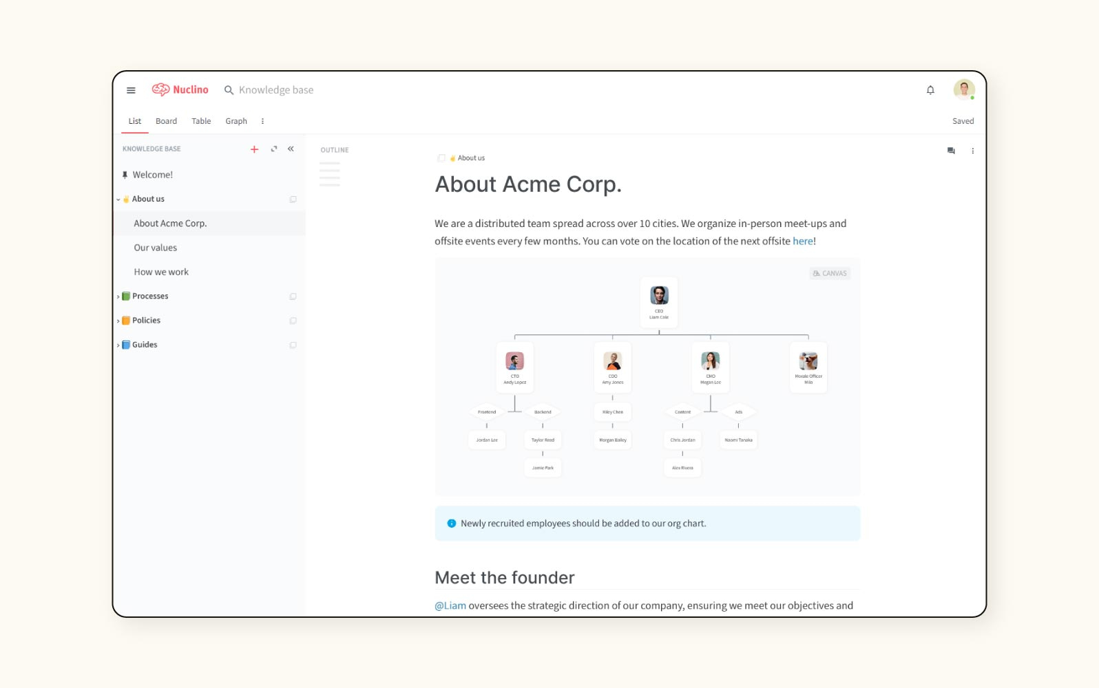 Screenshot of an 'About Acme Corp.' page displaying team members and founder information.