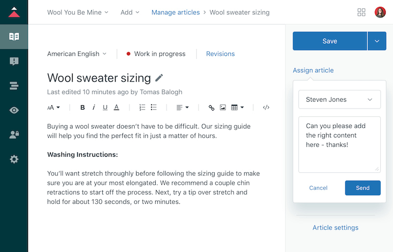 Software interface for editing a 'Wool sweater sizing' article with a draft message.
