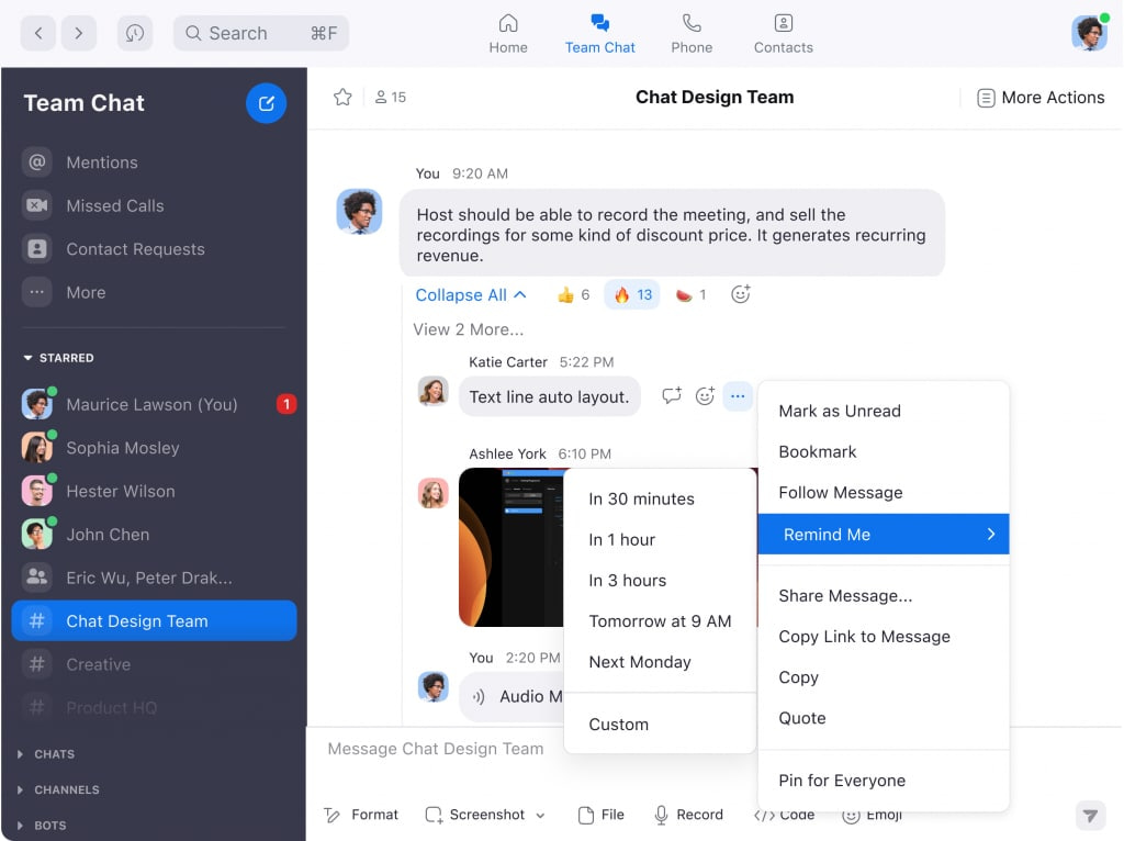 Team chat application interface showing a message and a 'Remind Me' context menu.