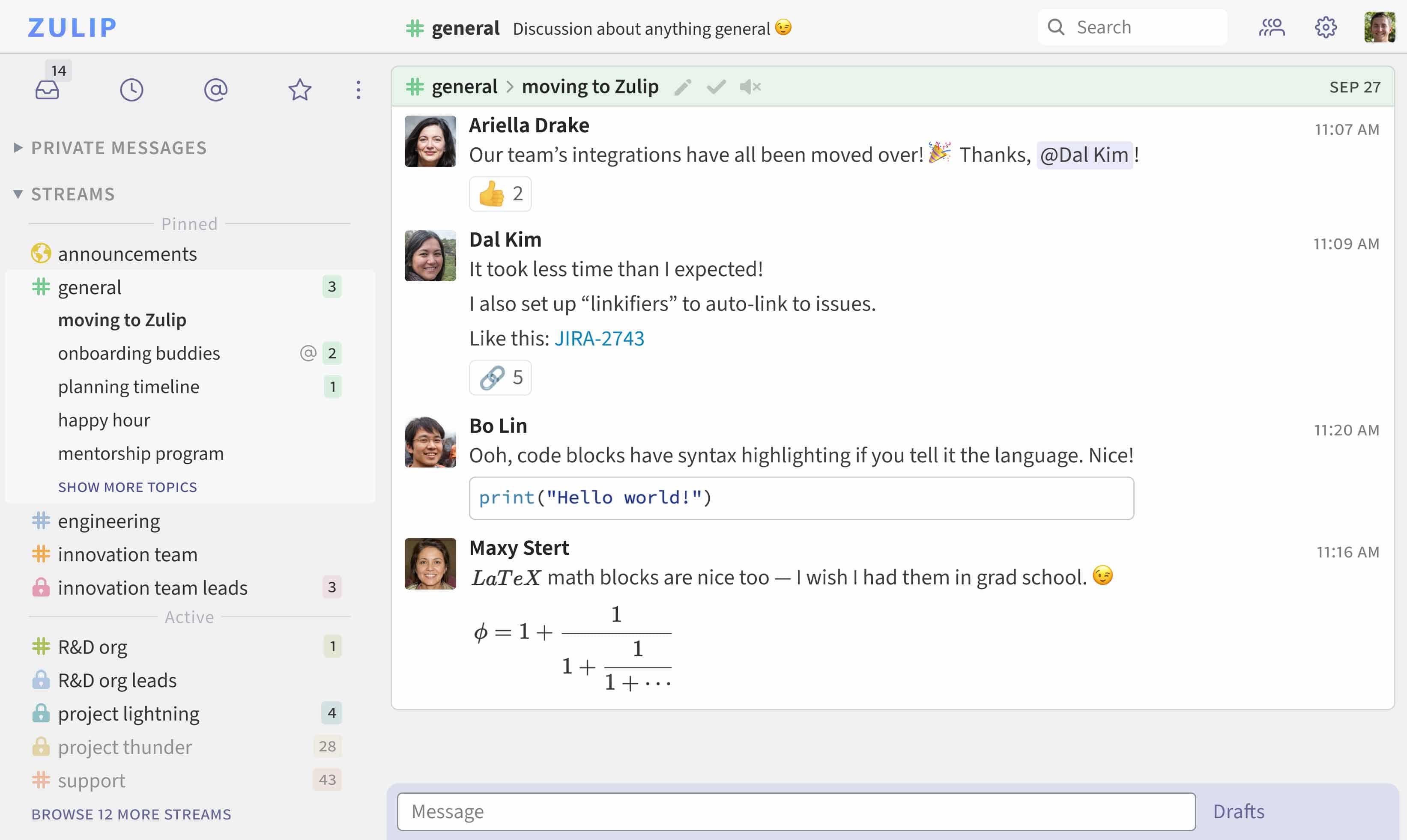 Zulip desktop interface featuring discussion streams, topics, and a chat window with messages.