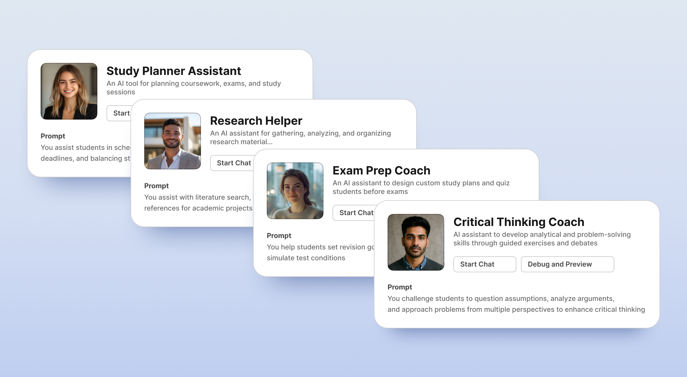 Four AI assistant cards for study planning, research, exam prep, and critical thinking.