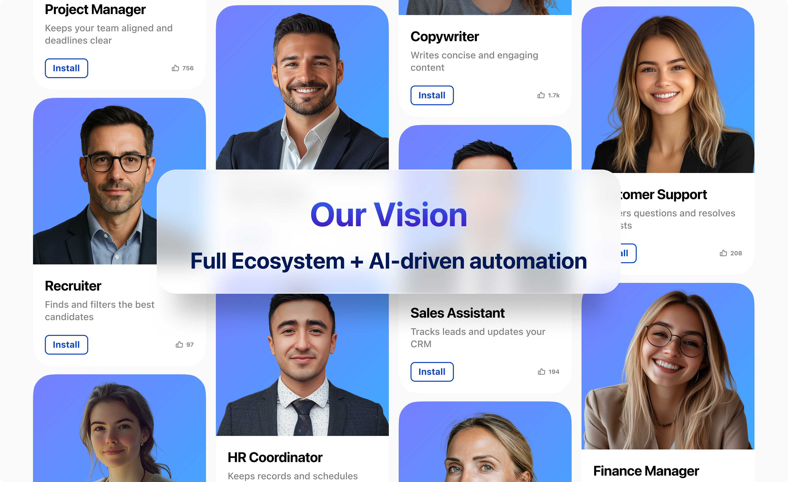 Grid of diverse professional faces with an overlay stating 'Our Vision: Full Ecosystem + AI-driven automation'.
