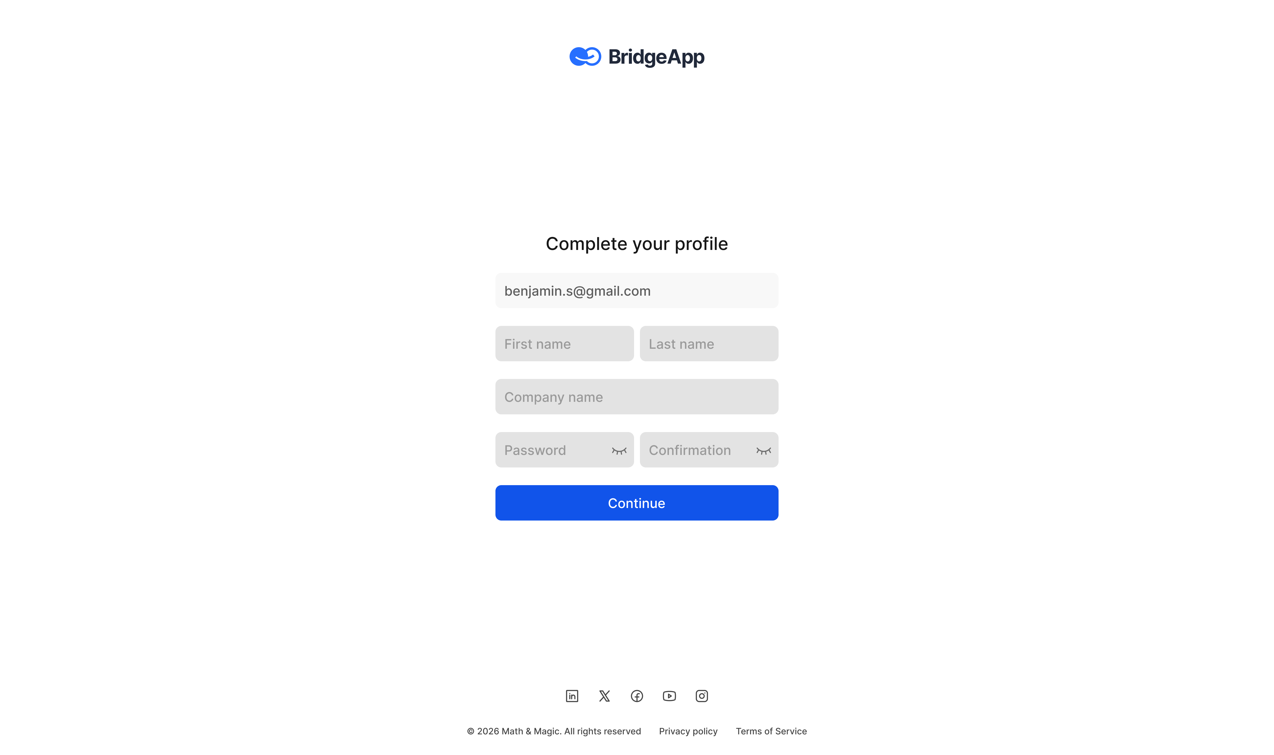 BridgeApp user profile creation form with fields for email, name, company, and password.
