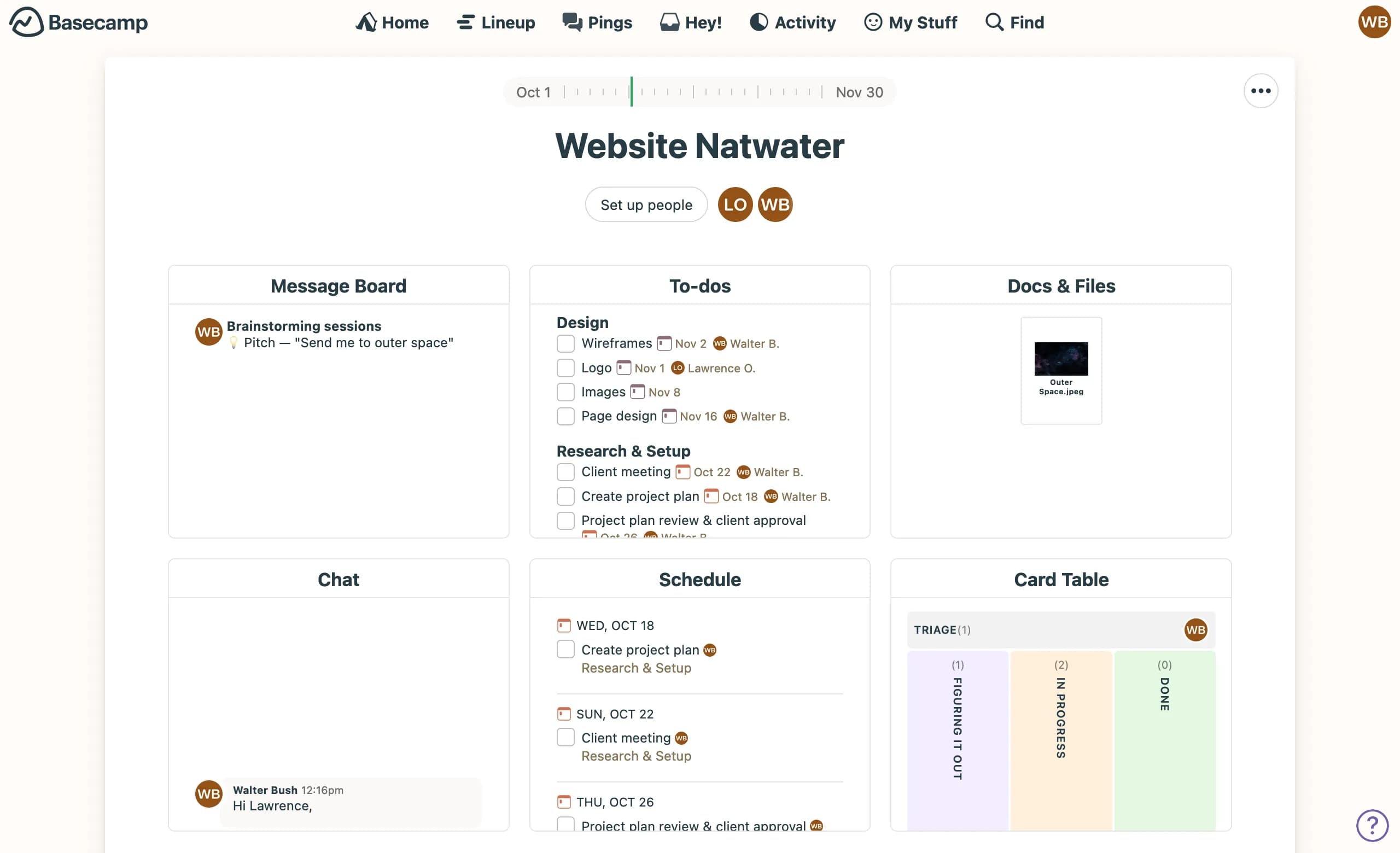 A clean project management interface with sections for message board, to-do, schedule, and card table.