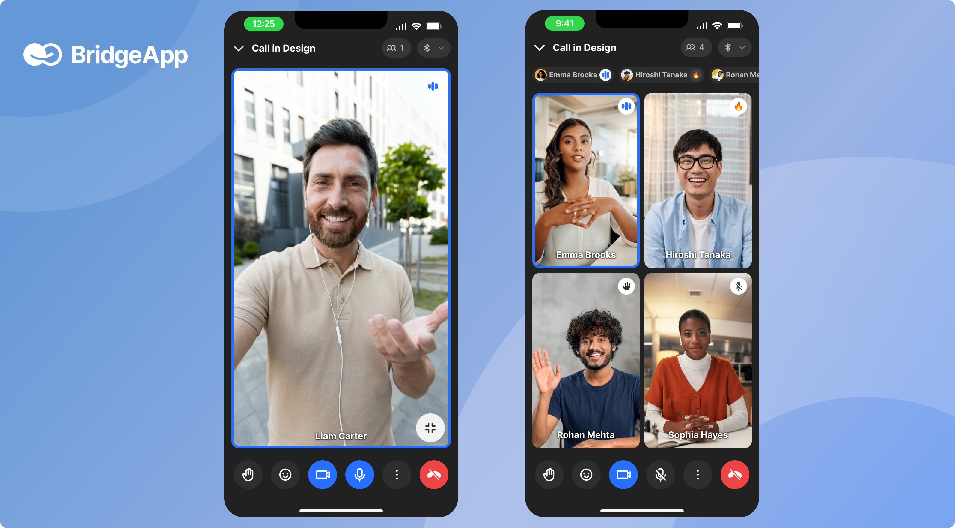 Smartphones display a BridgeApp video call, featuring a single person and a four-person grid.