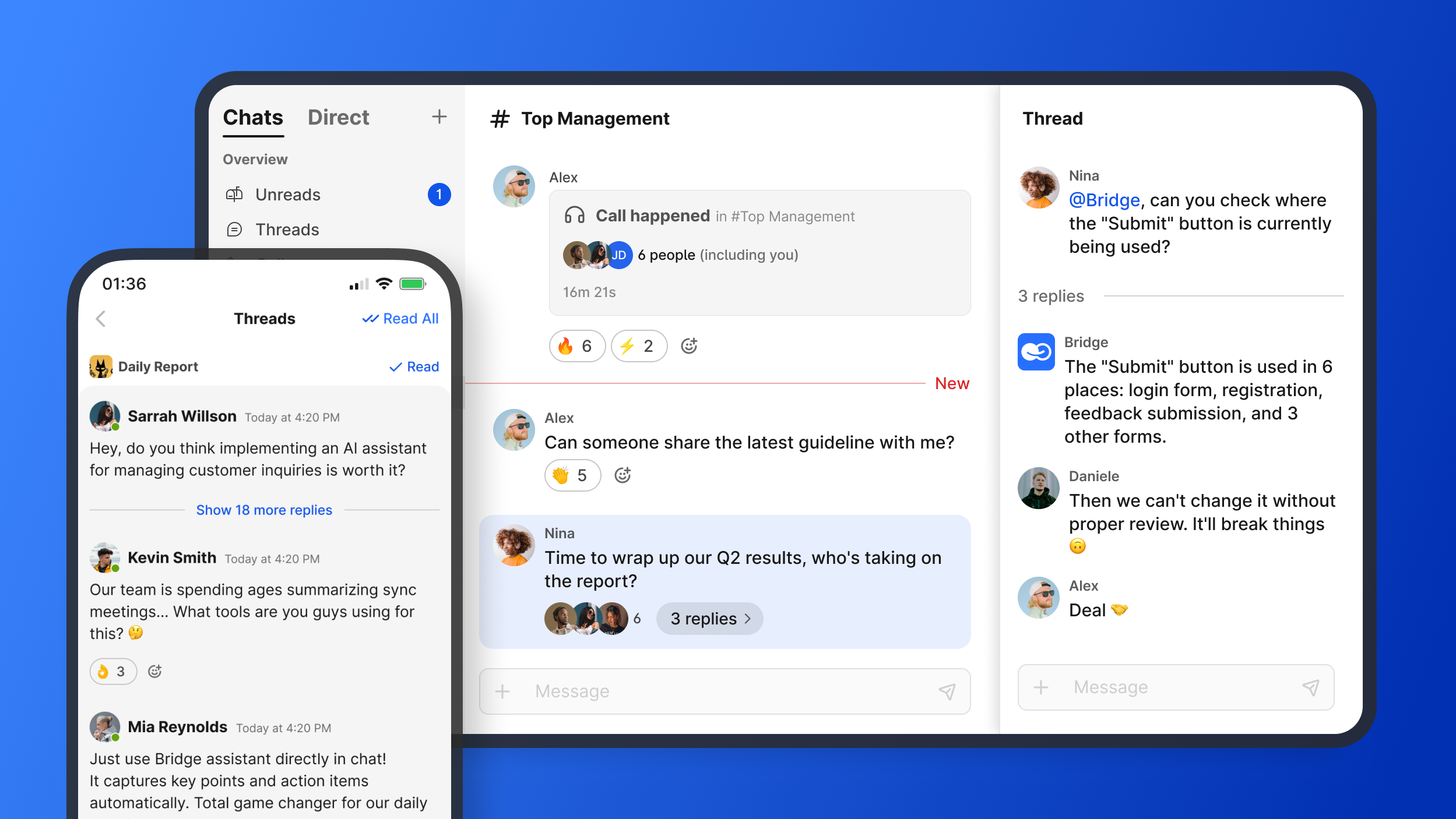 BridgeApp mobile and desktop chat interfaces display active conversation threads and group discussions.